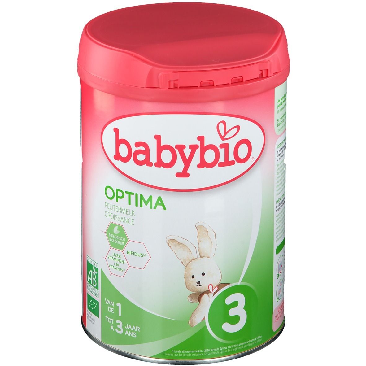 Boîte de lait en poudre Babybio Optima 3. Couvercle rouge. Image d'un lapin. Label bio.