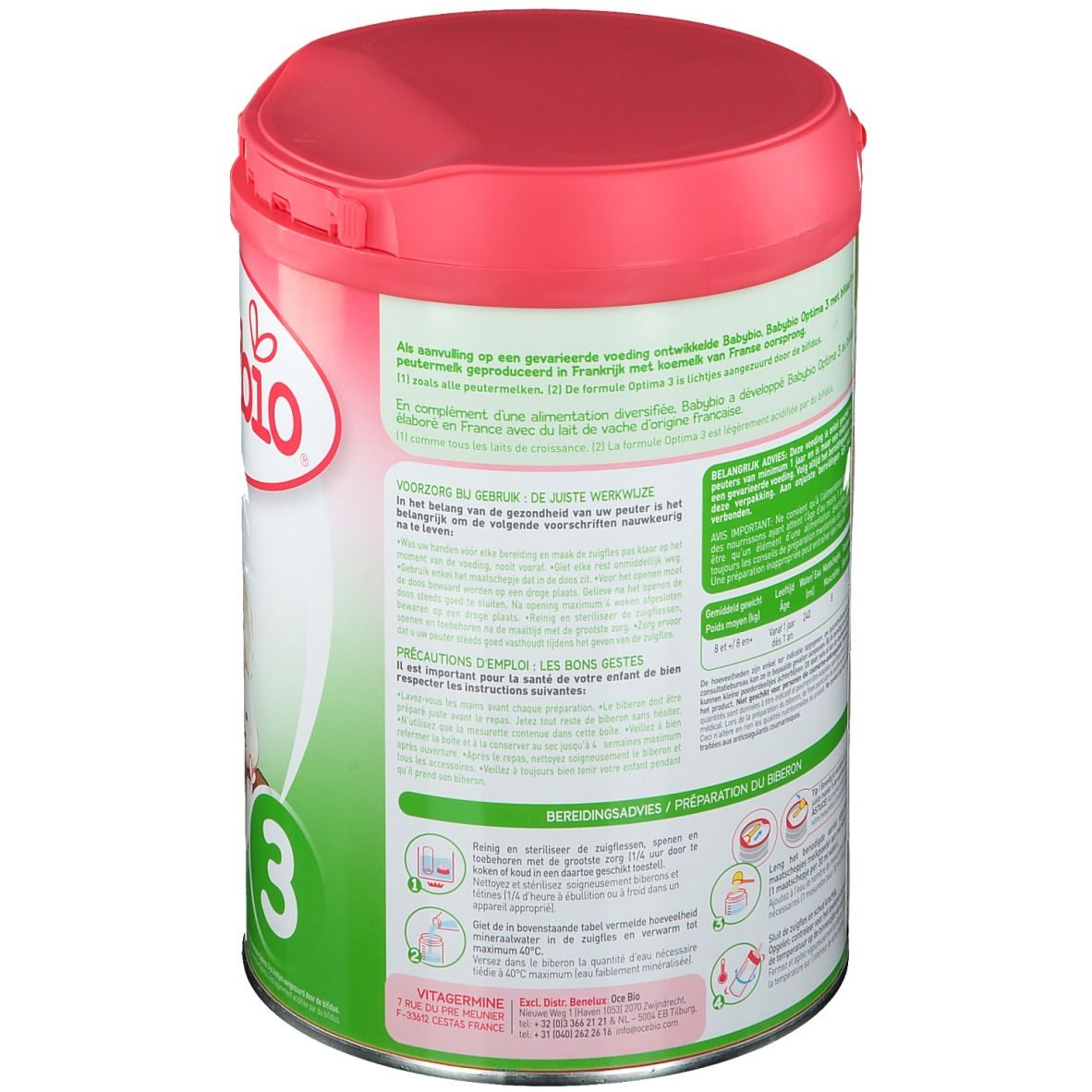 Dos de la boîte Babybio Optima 3. Texte multilingue. Instructions de préparation.