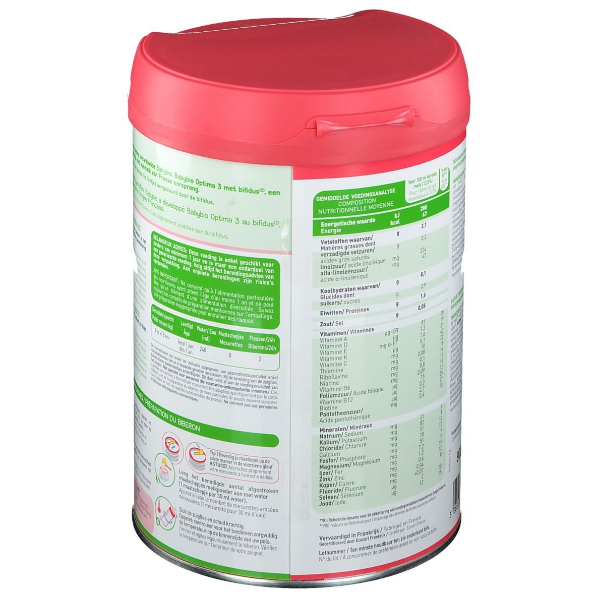 Dos de la boîte Babybio Optima 3. Tableau nutritionnel. Texte multilingue.
