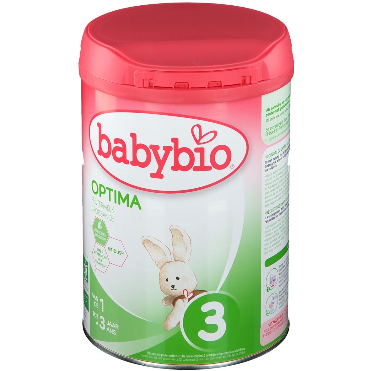 Boîte de lait Babybio Optima 3. Couvercle rouge. Image de lapin. Label bio.