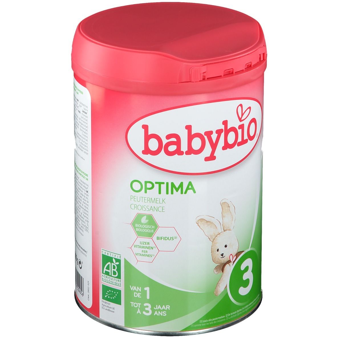 Boîte de lait Babybio Optima 3. Couvercle rouge. Image de lapin. Label bio.