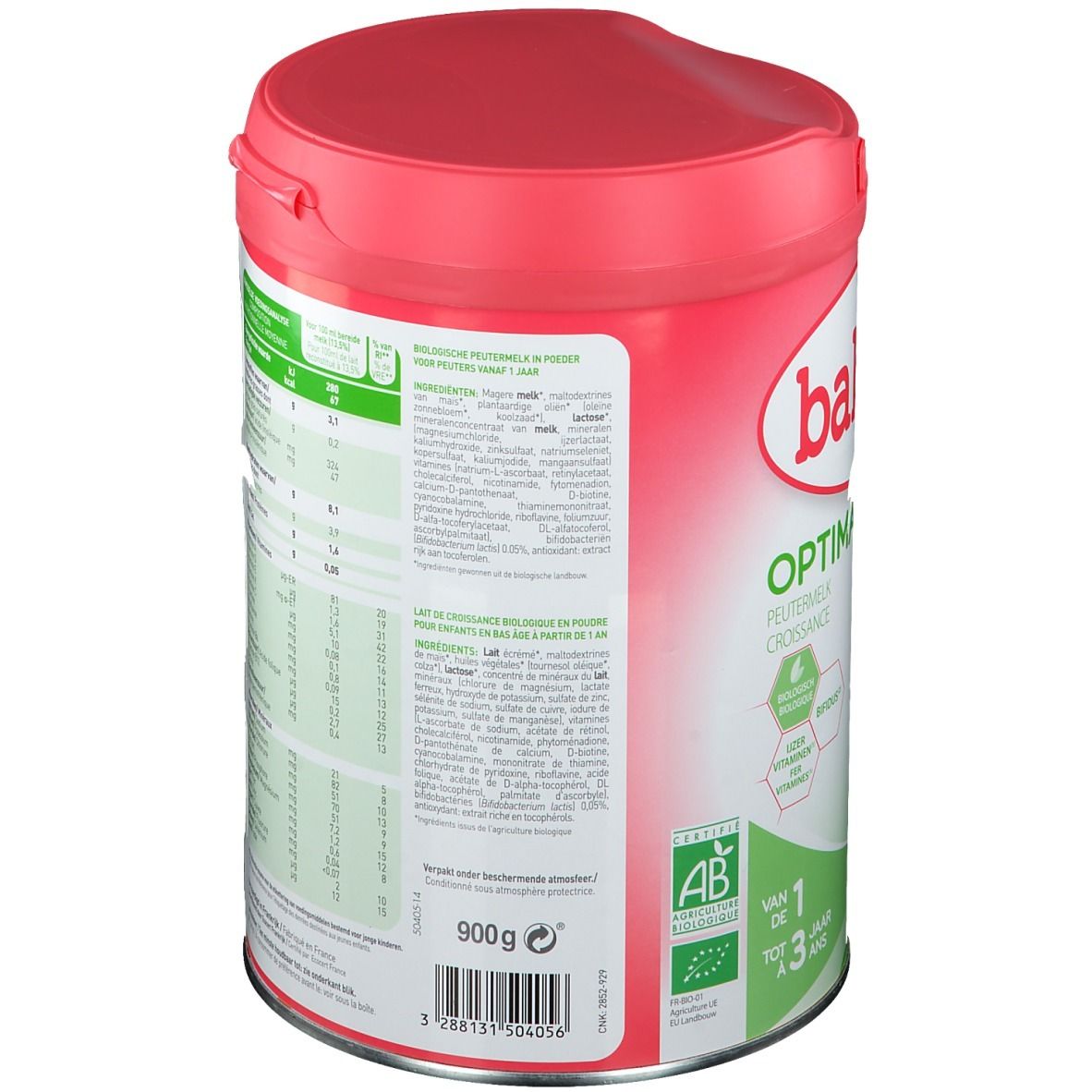 Dos de la boîte Babybio Optima 3. Liste des ingrédients. Label bio. Poids : 900g.
