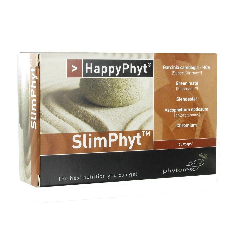 Boîte de HappyPhyt SlimPhyt. Ingrédients : Garcinia cambogia, chrome, etc. Contient 60 gélules. Marque et nom du produit visibles.