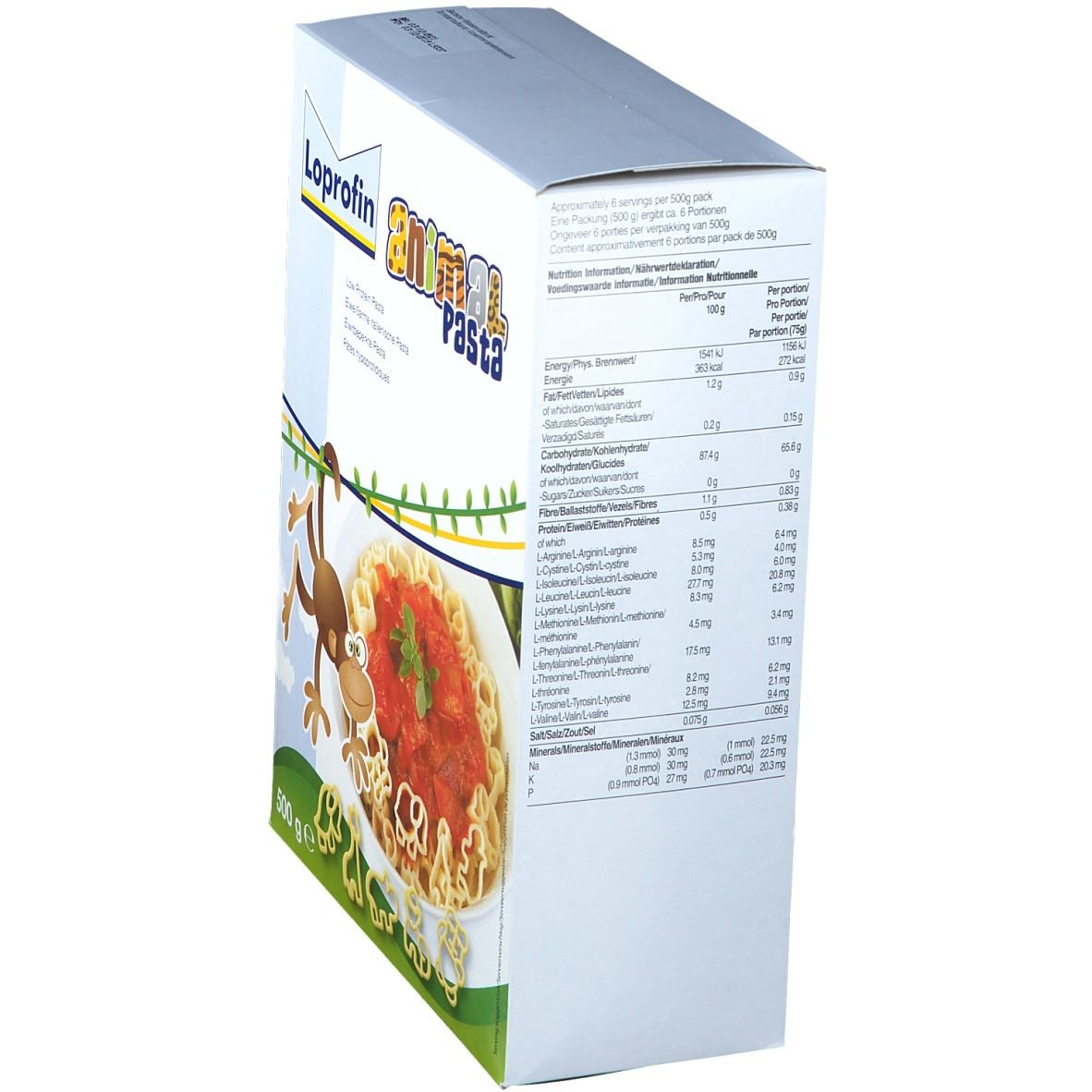 Zijaanzicht van de verpakking van Loprofin Animal Pasta. Bevat voedingsinformatie. Opschriften: Low Protein Pasta, 500 g.