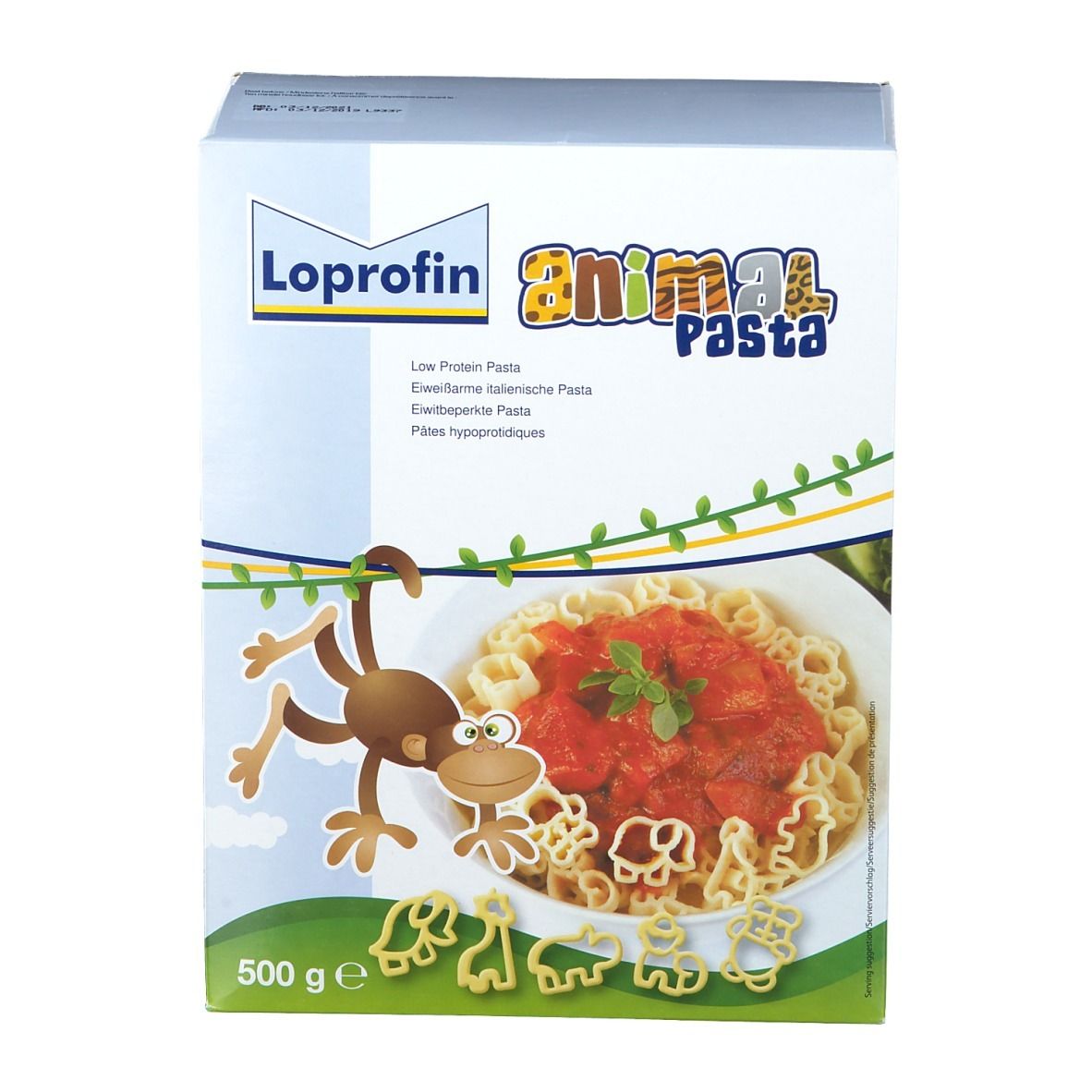 Vooraanzicht van de verpakking van Loprofin Animal Pasta. Opschriften: Low Protein Pasta, 500 g. Afbeelding van pasta in dierenfiguren met tomatensaus.