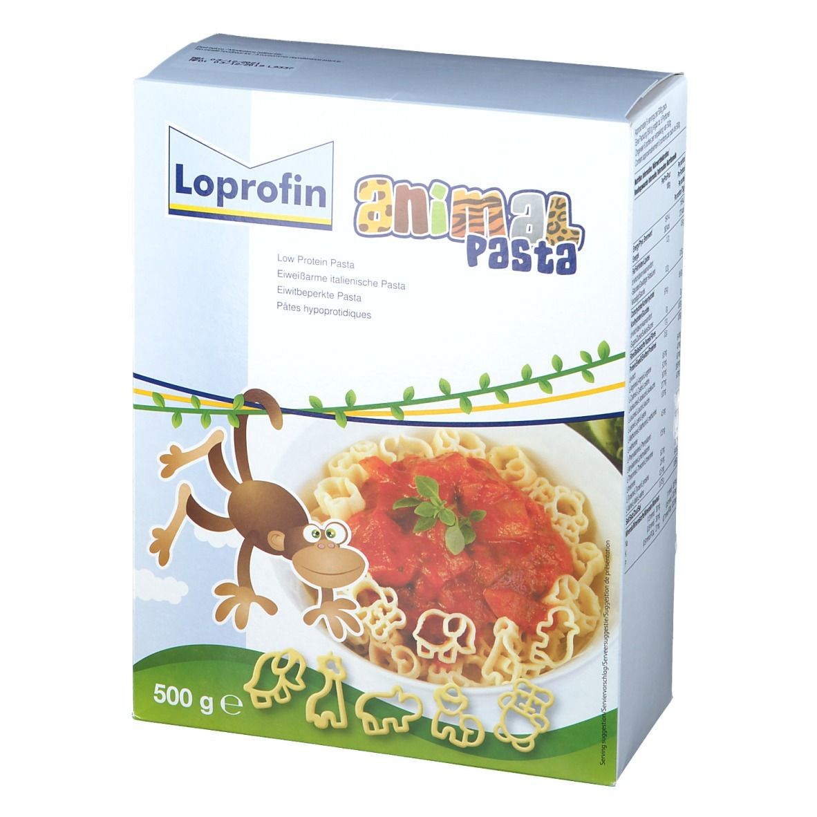 Vooraanzicht van de verpakking van Loprofin Animal Pasta. Opschriften: Low Protein Pasta, 500 g. Afbeelding van pasta in dierenfiguren met tomatensaus.