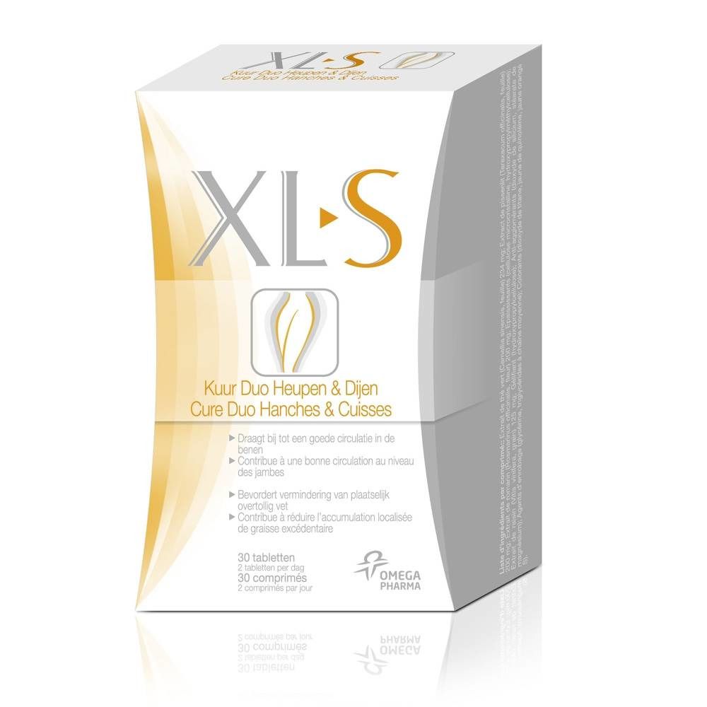 Verpakking XL-S Duo. Opschrift: Kuur Duo Heupen & Dijen, Cure Duo Hanches & Cuisses. Logo Omega Pharma.
