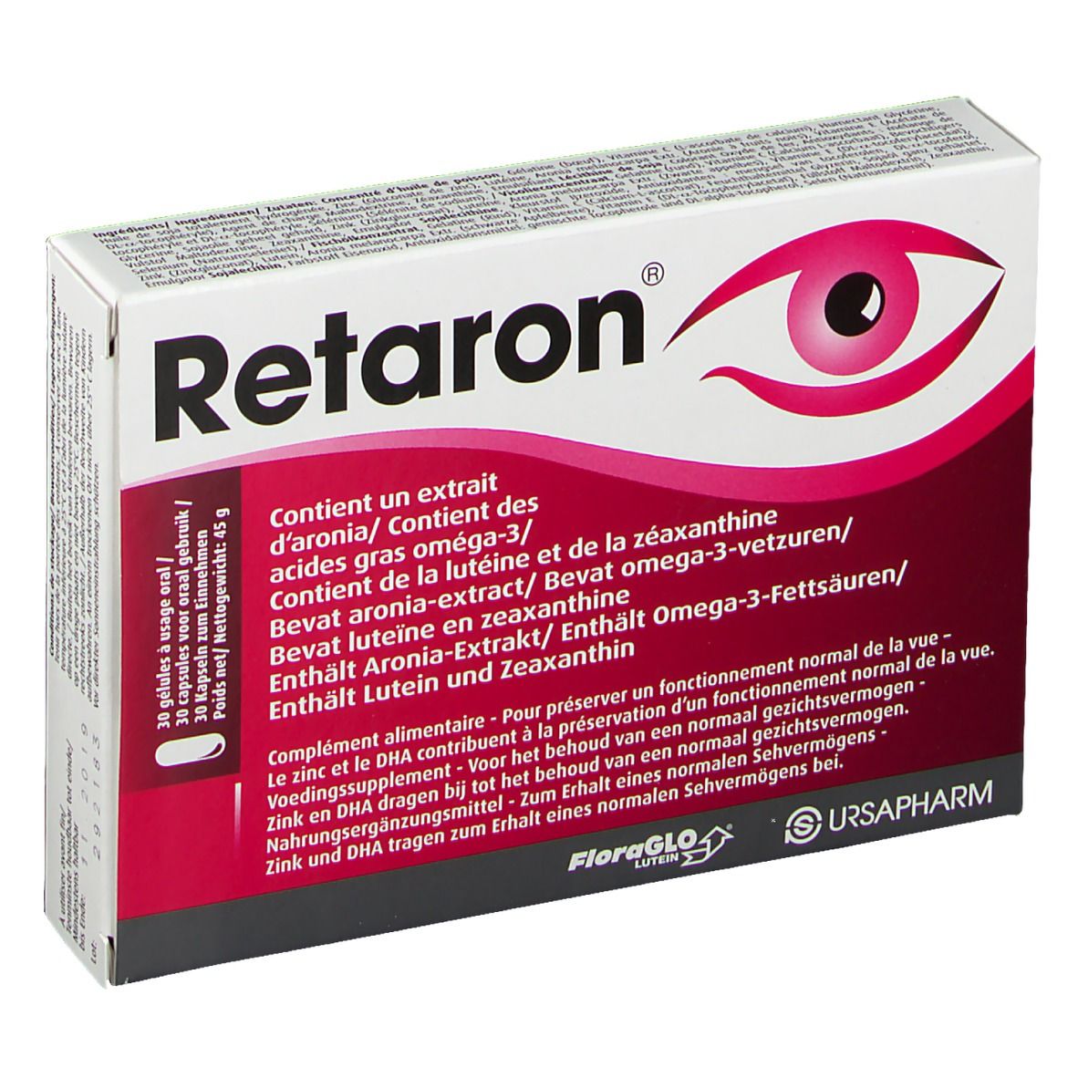 Boîte de Retaron avec illustration d'œil. Contient 30 gélules. Texte en allemand, français, italien et néerlandais. Marque : Ursapharm.
