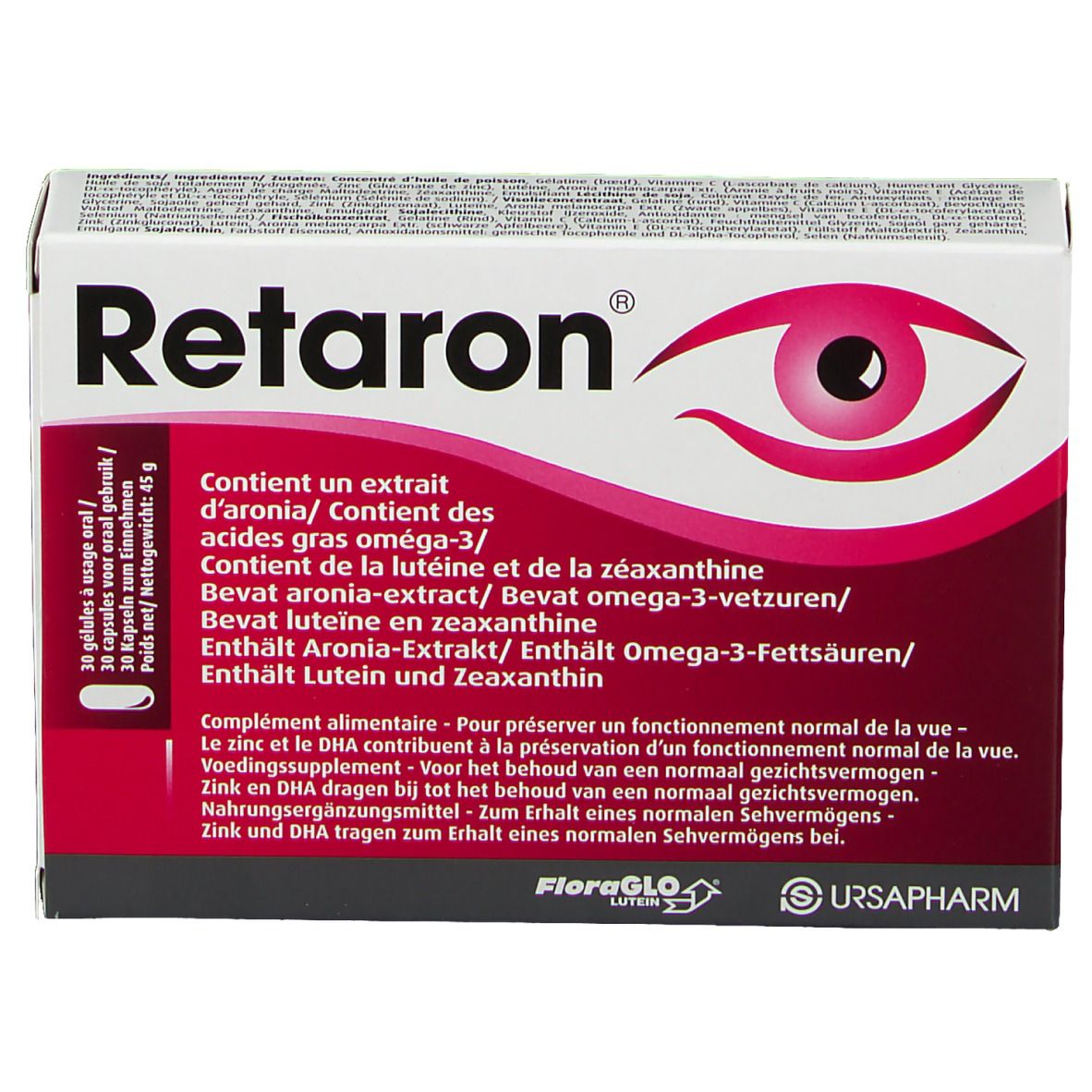 Boîte de Retaron avec illustration d'œil. Contient 30 gélules. Texte en allemand, français, italien et néerlandais. Marque : Ursapharm.