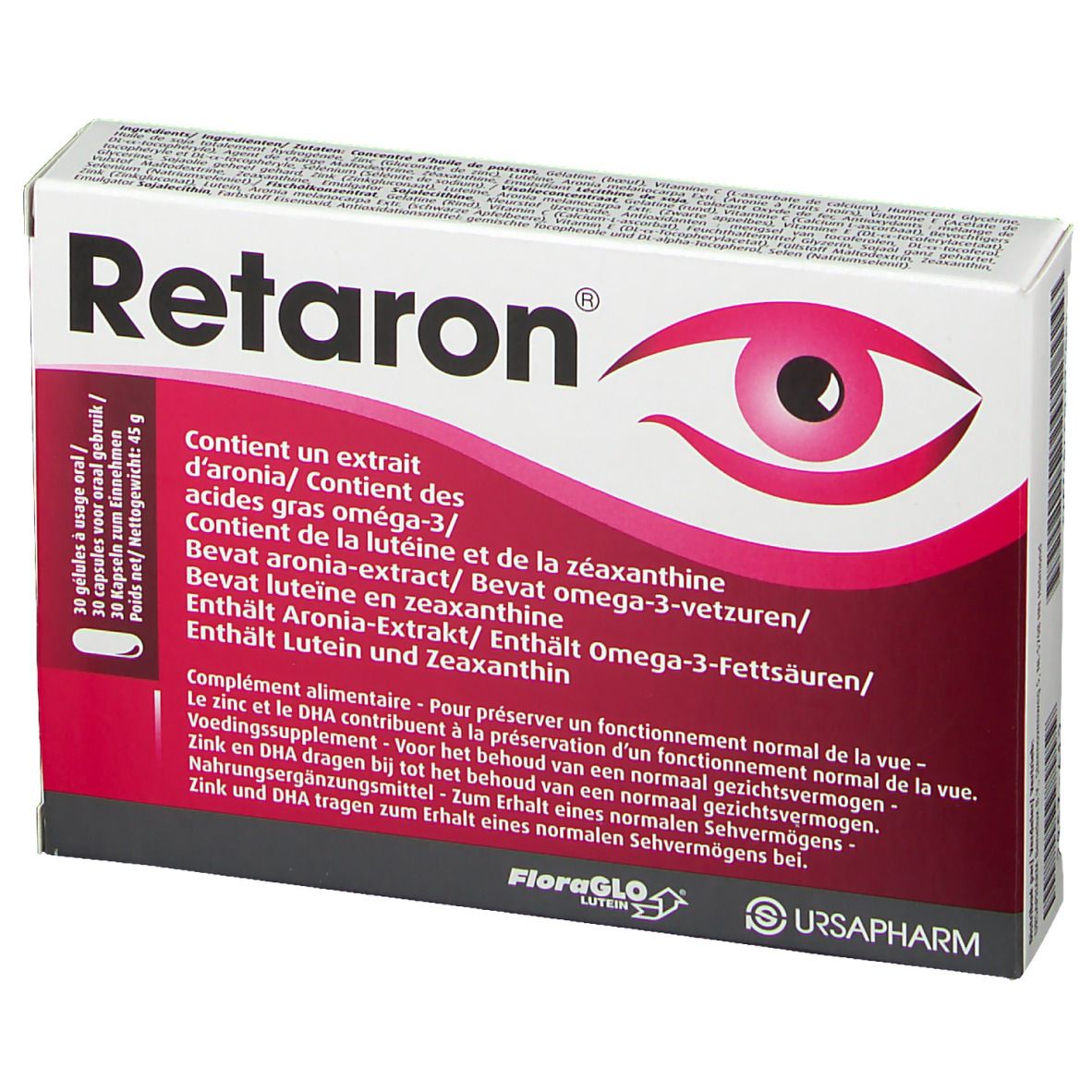 Boîte de Retaron avec illustration d'œil. Contient 30 gélules. Texte en allemand, français, italien et néerlandais. Marque : Ursapharm.