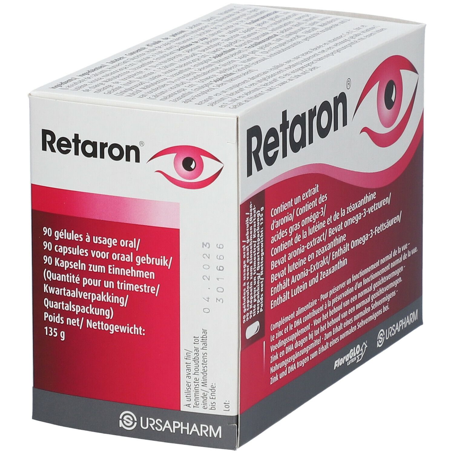 Retaron-Verpackung mit 90 Kapseln. Enthält Aronia-Extrakt, Omega-3-Fettsäuren, Lutein und Zeaxanthin. Mit Logo.