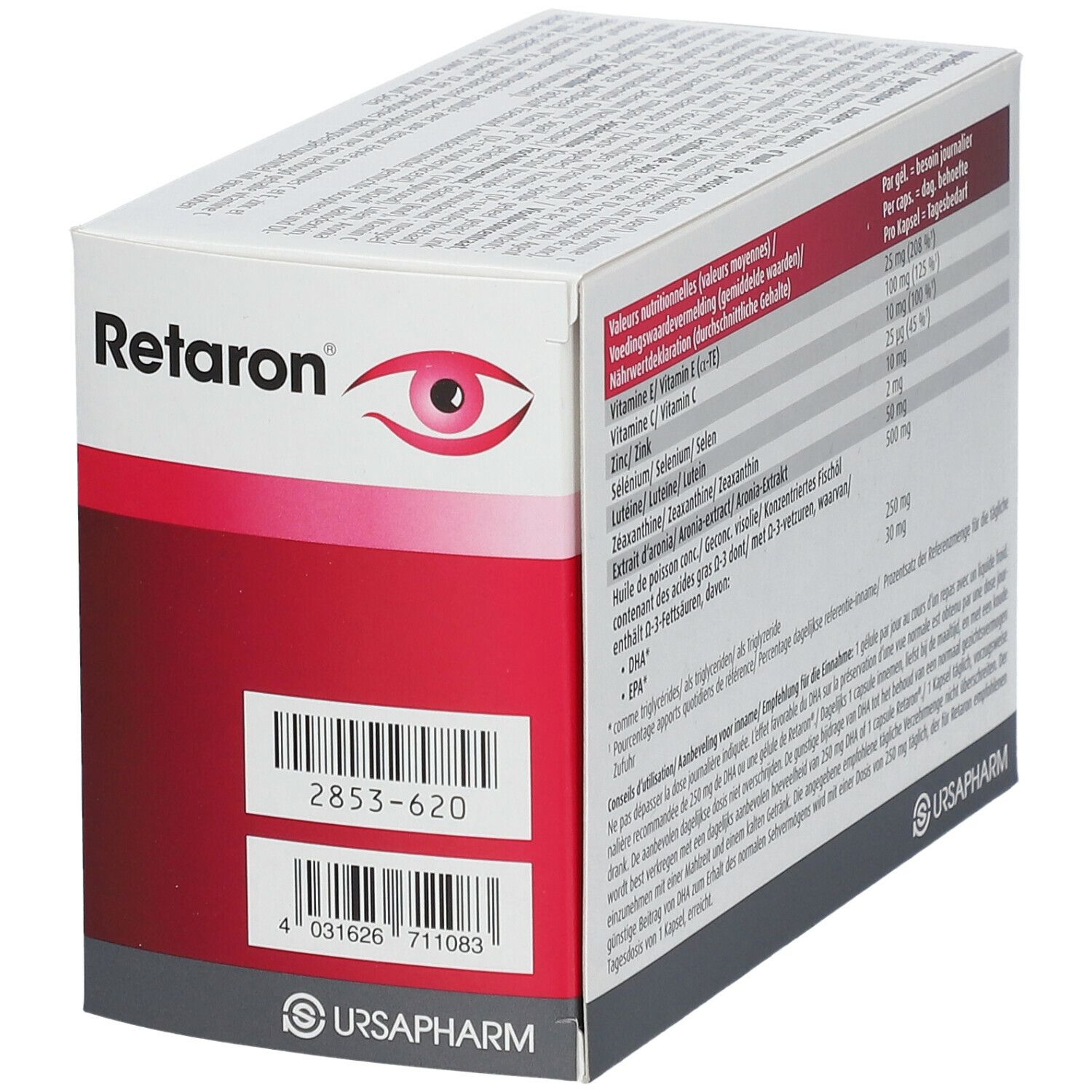 Retaron-Verpackung. Enthält Nährwertangaben und Inhaltsstoffe. Mit Barcode und Logo. Eckansicht.