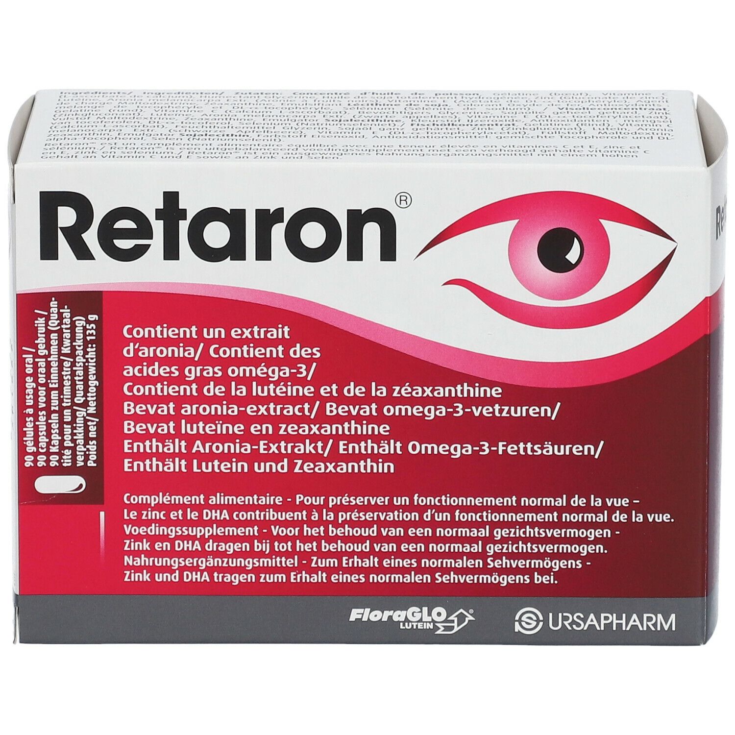 Retaron-Verpackung. Enthält Aronia-Extrakt, Omega-3-Fettsäuren, Lutein und Zeaxanthin. Mit Logo und Inhaltsangaben.