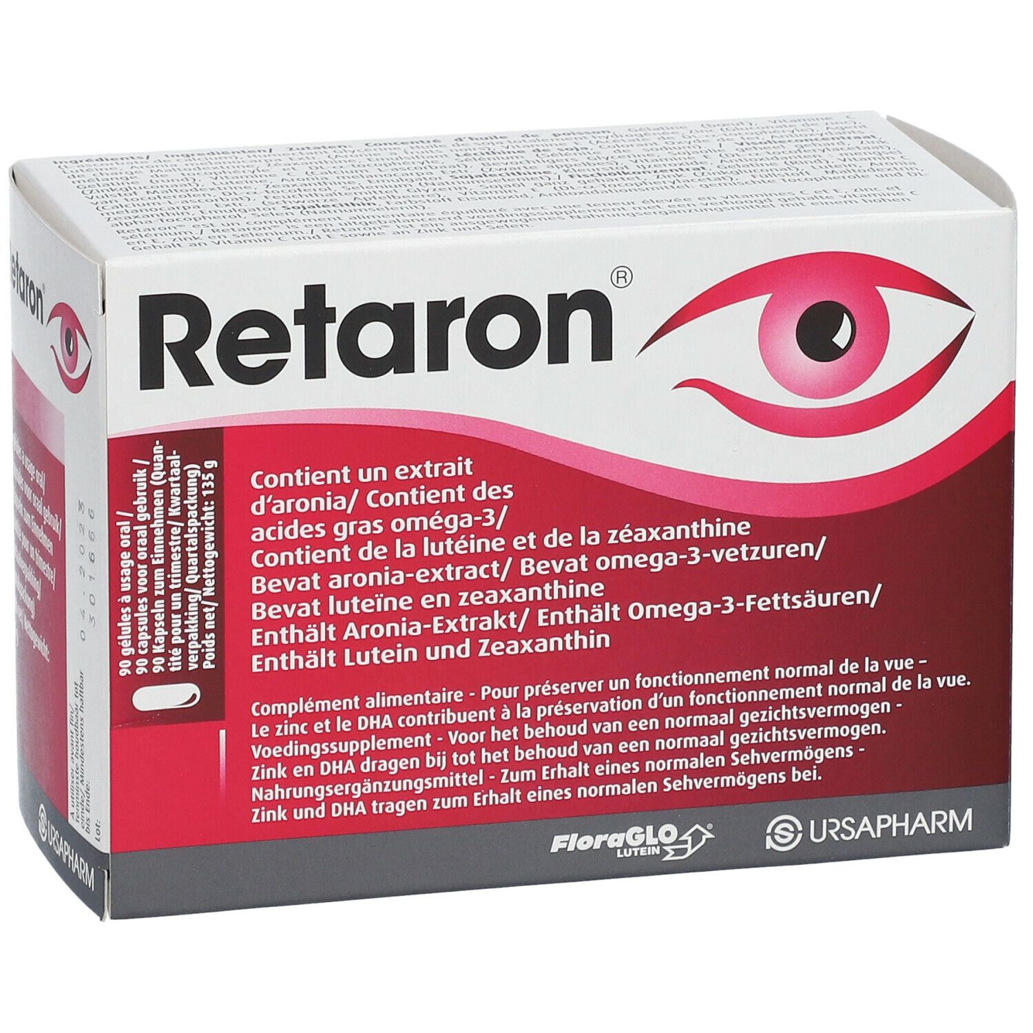 Retaron-Verpackung. Enthält Aronia-Extrakt, Omega-3-Fettsäuren, Lutein und Zeaxanthin. Mit Logo und Inhaltsangaben.
