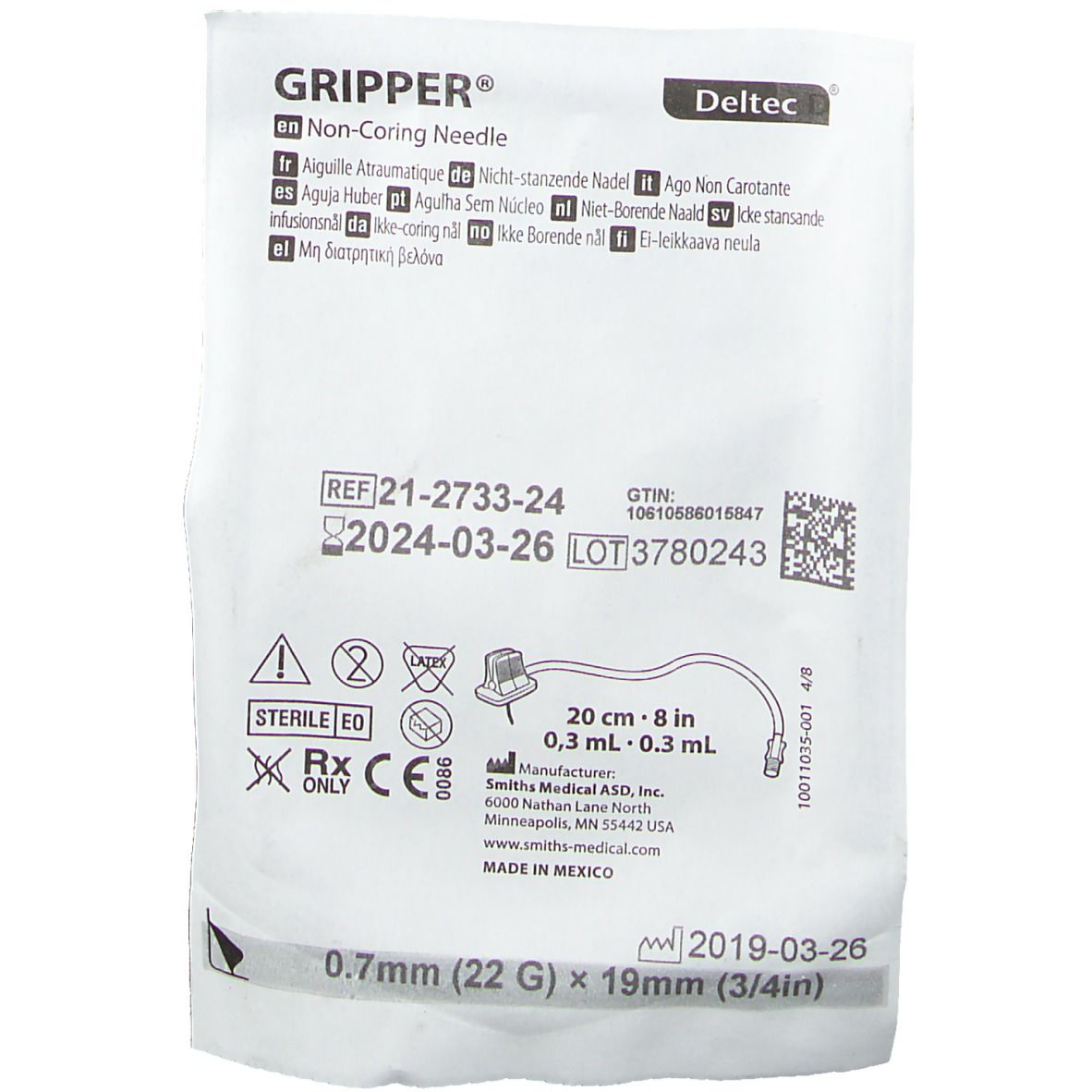 Verpakking met medische naald. Tekst: GRIPPER, Non-coring Needle, REF, LOT, Steriel, CE, afmetingen.