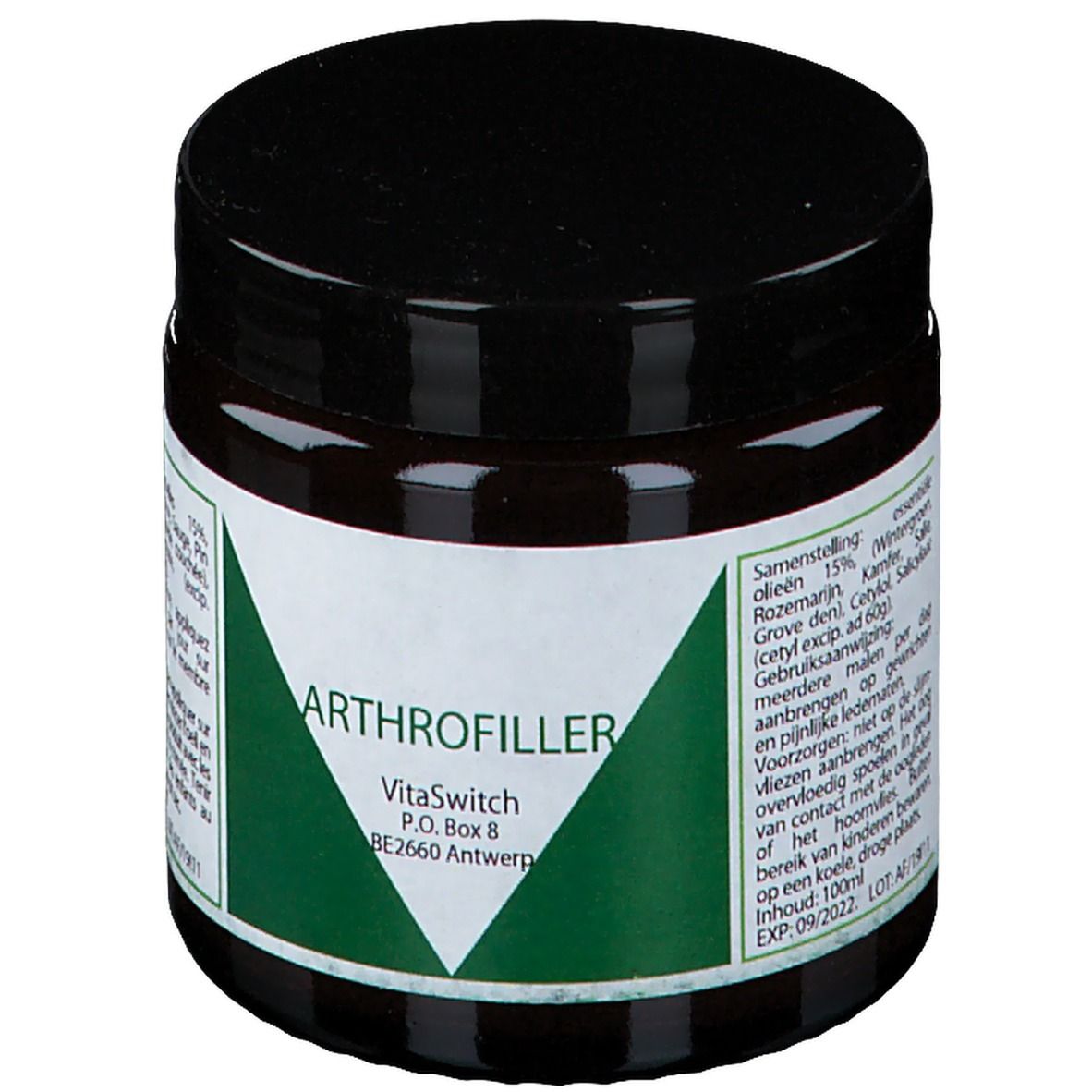 Pot brun avec couvercle noir. Étiquette avec ARTHROFILLER et autres informations.