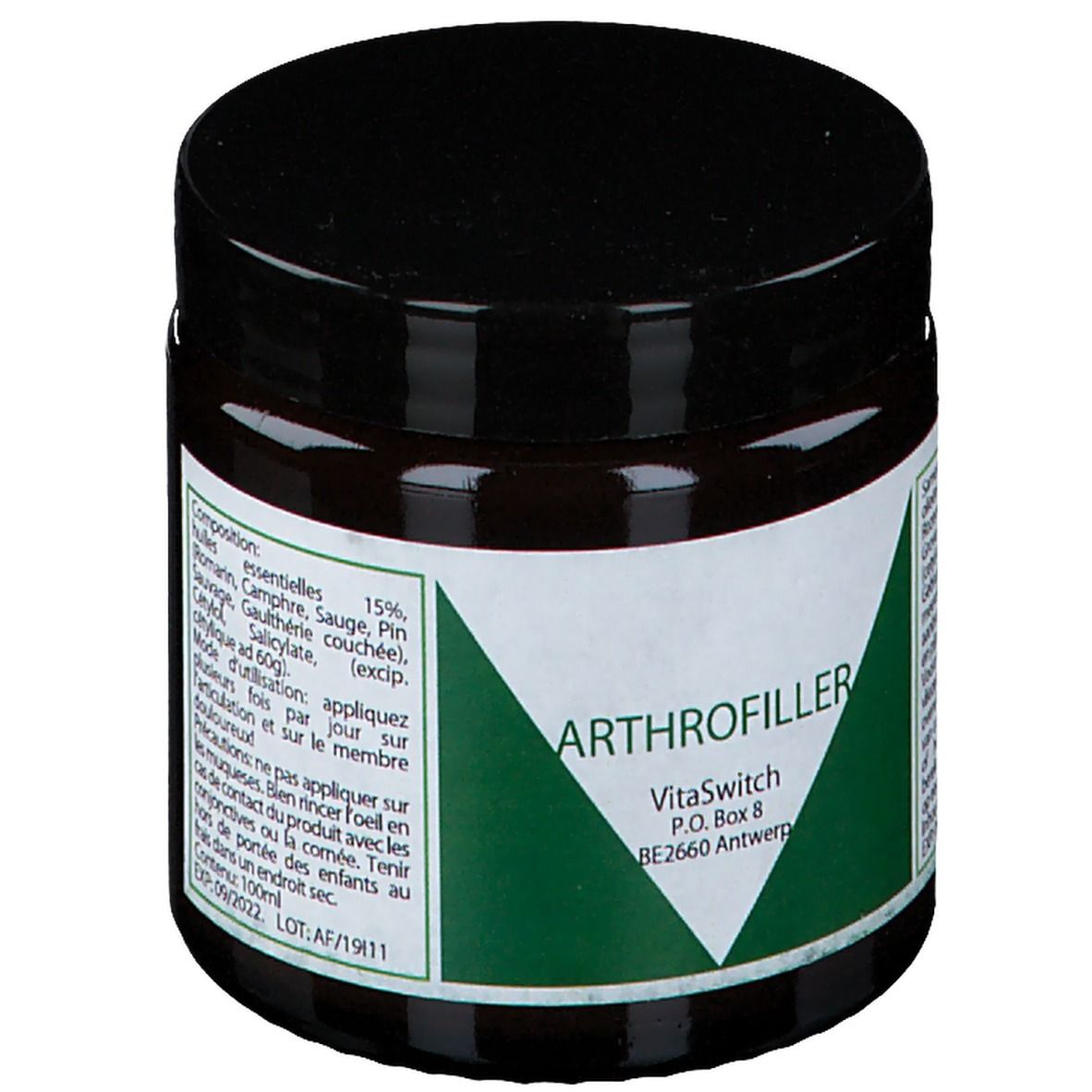 Pot brun avec couvercle noir. Étiquette avec ingrédients et ARTHROFILLER.