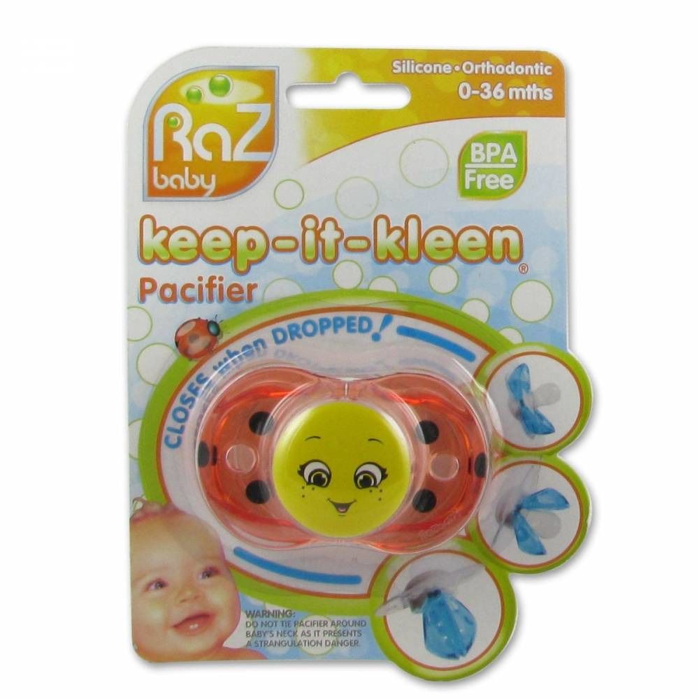 Verpakking met fopspeen. Rode fopspeen met geel gezicht, lieveheersbeestjesontwerp. BPA-vrij, 0-36 mnd.