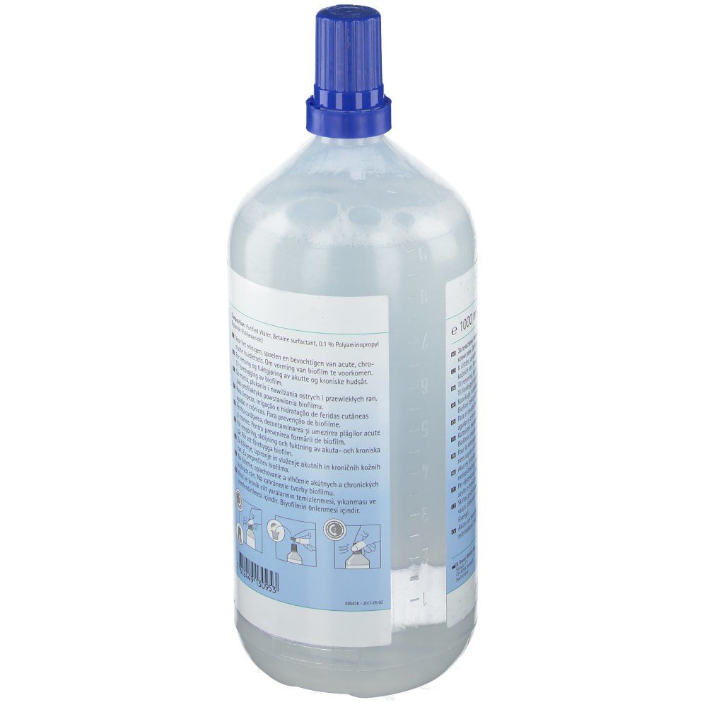 Flacon avec bouchon bleu. Étiquette du produit avec informations. Marque B. Braun.