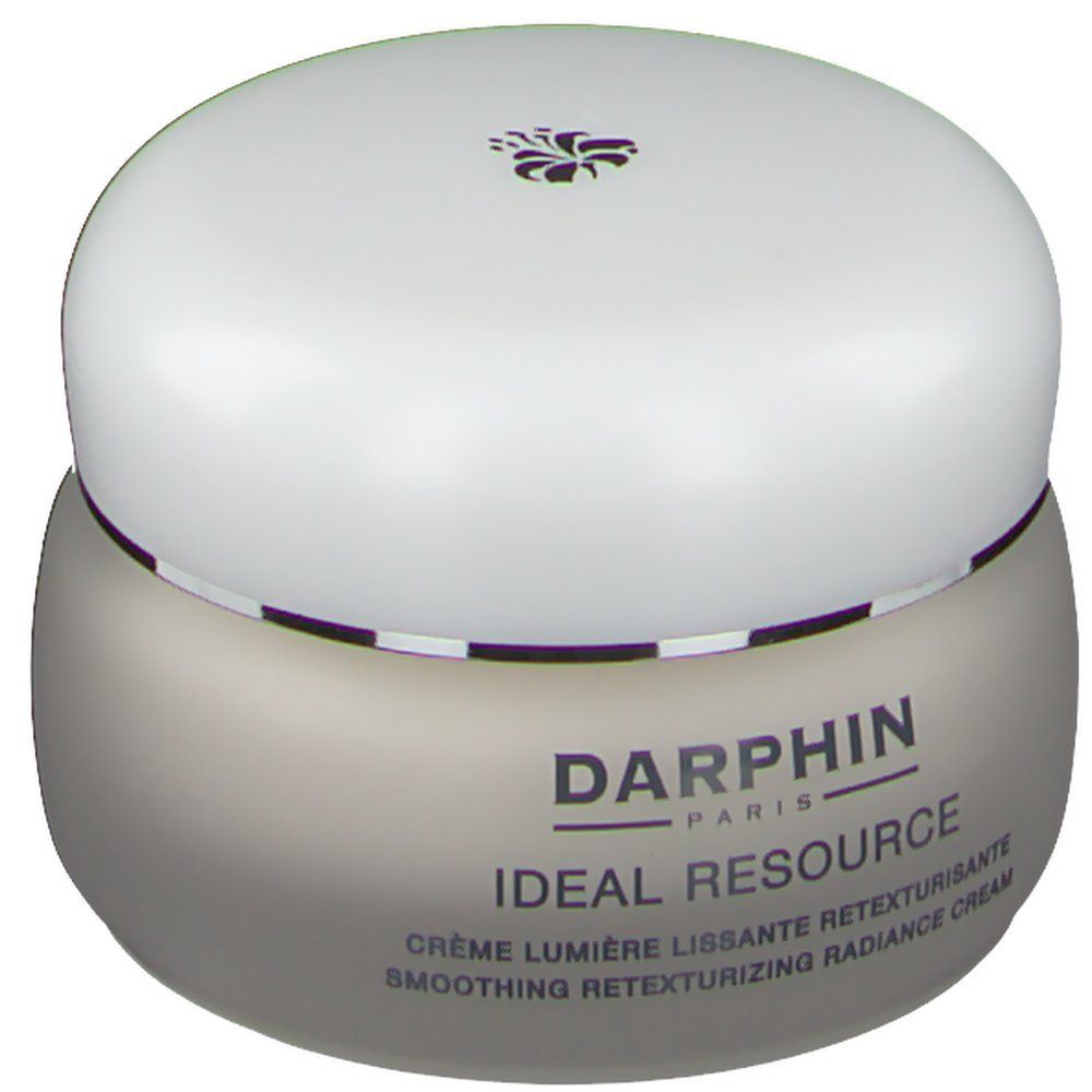 Crèmepot met witte deksel. Tekst: "DARPHIN IDEAL RESOURCE".