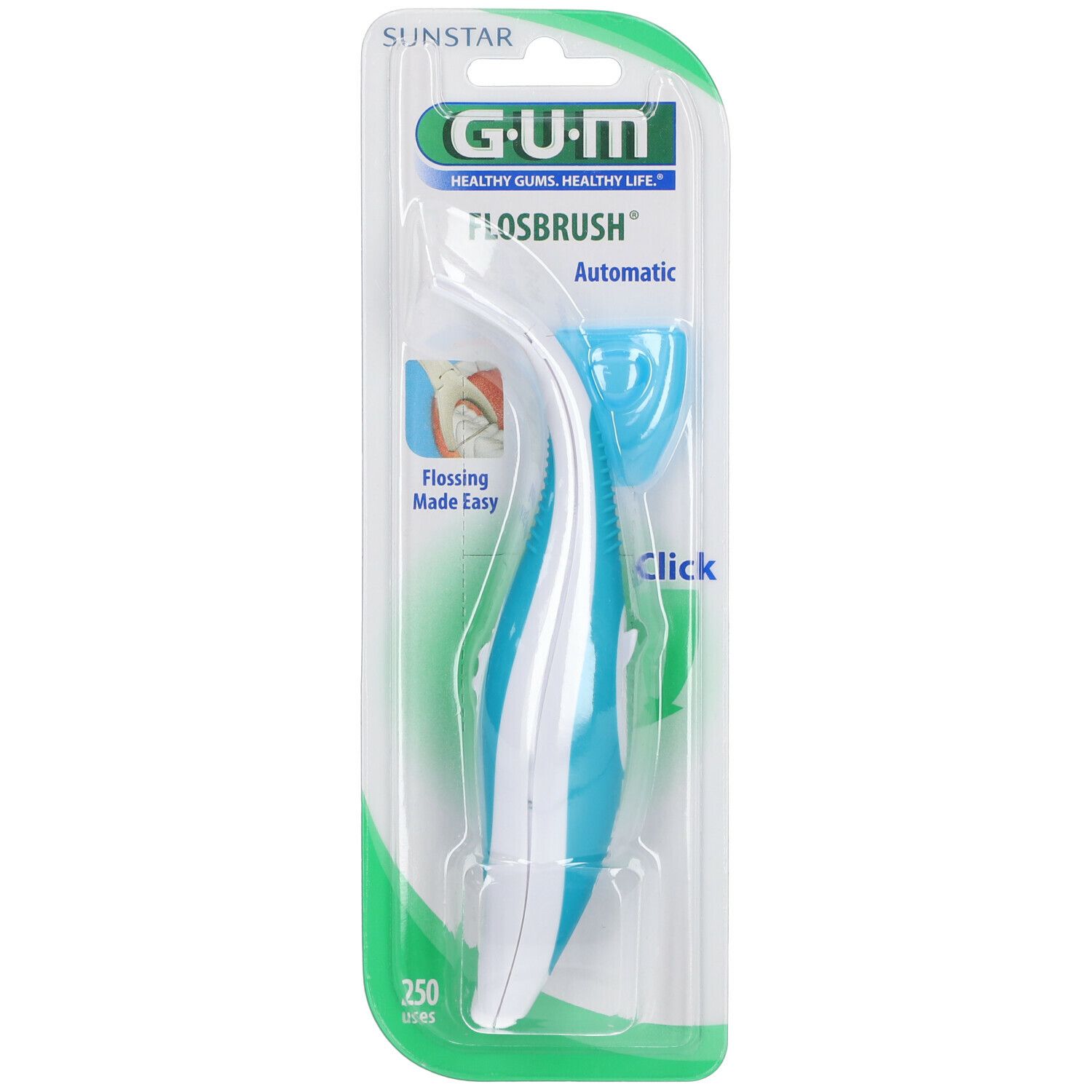 G.U.M® FLOSBRUSH® Automatic en blister. Manche blanc et bleu, tête bleue. Fonction "Click".