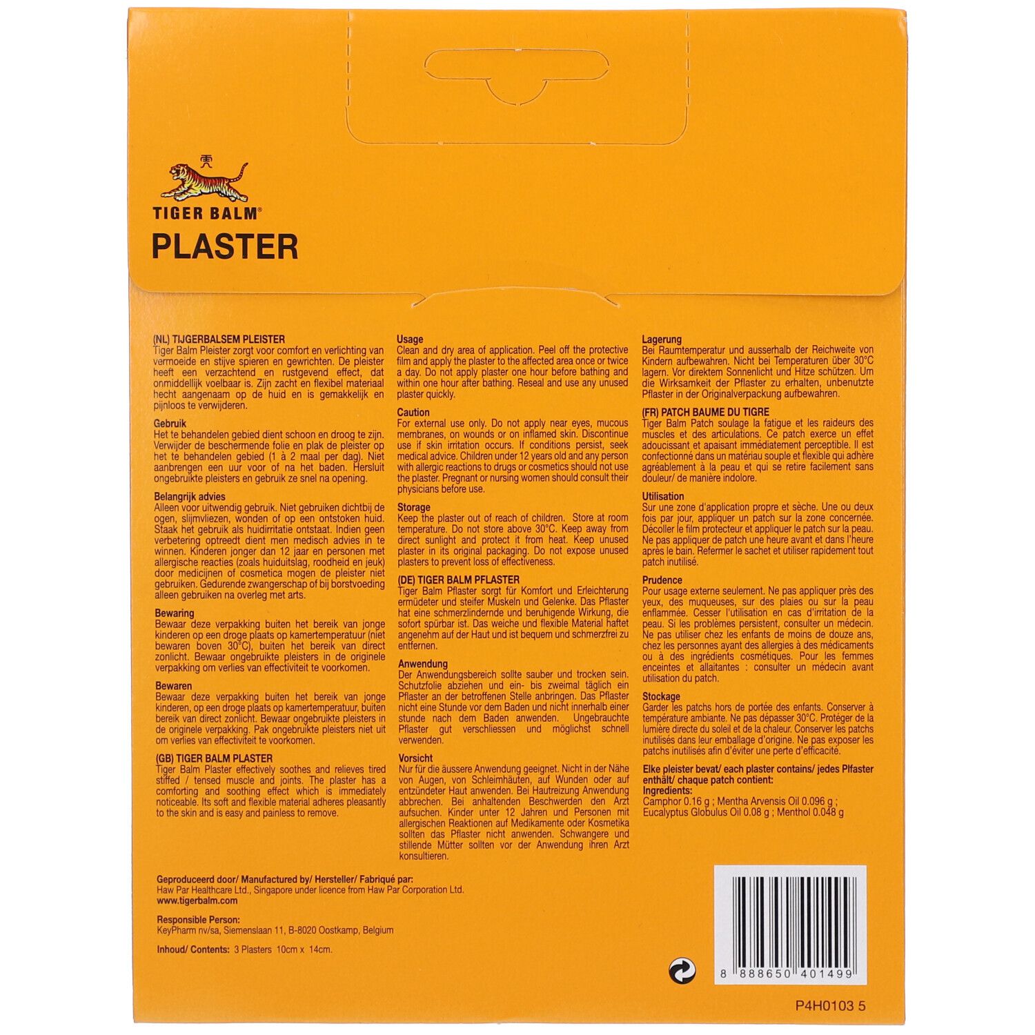 Dos de l'emballage des patchs Tiger Balm. Contient du texte multilingue, un code-barres et un logo.