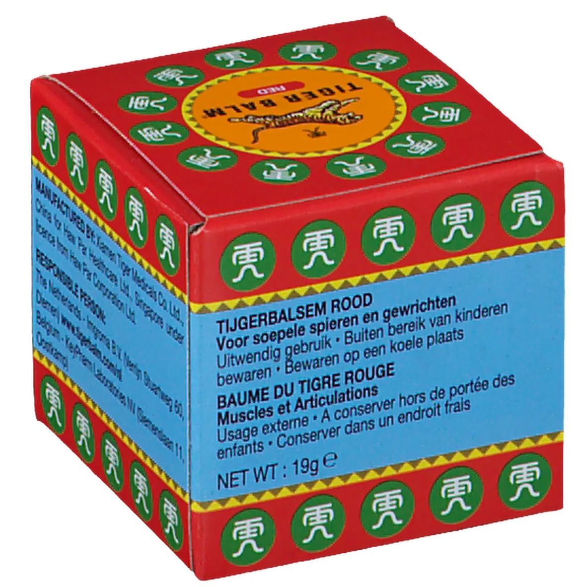 Rode Tiger Balm doos. Opschrift "TIGER BALM RED". Geel logo met tijger. Tekst in het Nederlands en Frans.