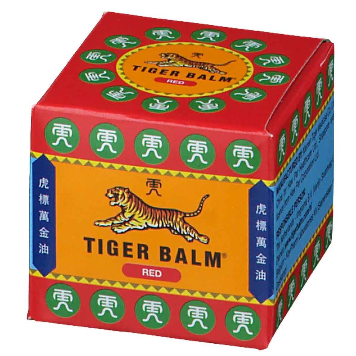 Rode Tiger Balm doos. Opschrift "TIGER BALM RED". Geel logo met tijger. Chinese karakters en tekst.