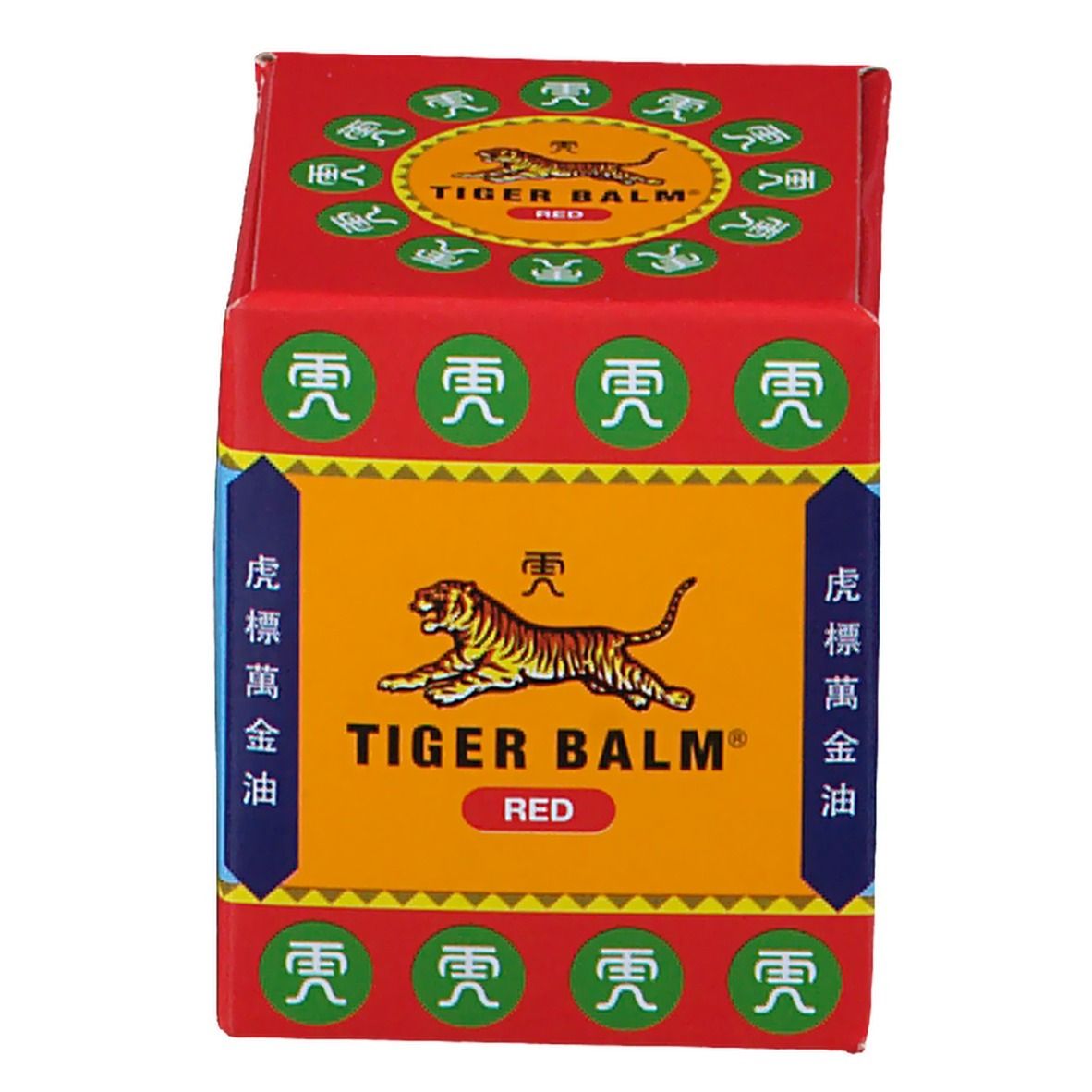 Boîte de TIGER BALM rouge. Logo du tigre, texte "TIGER BALM RED".