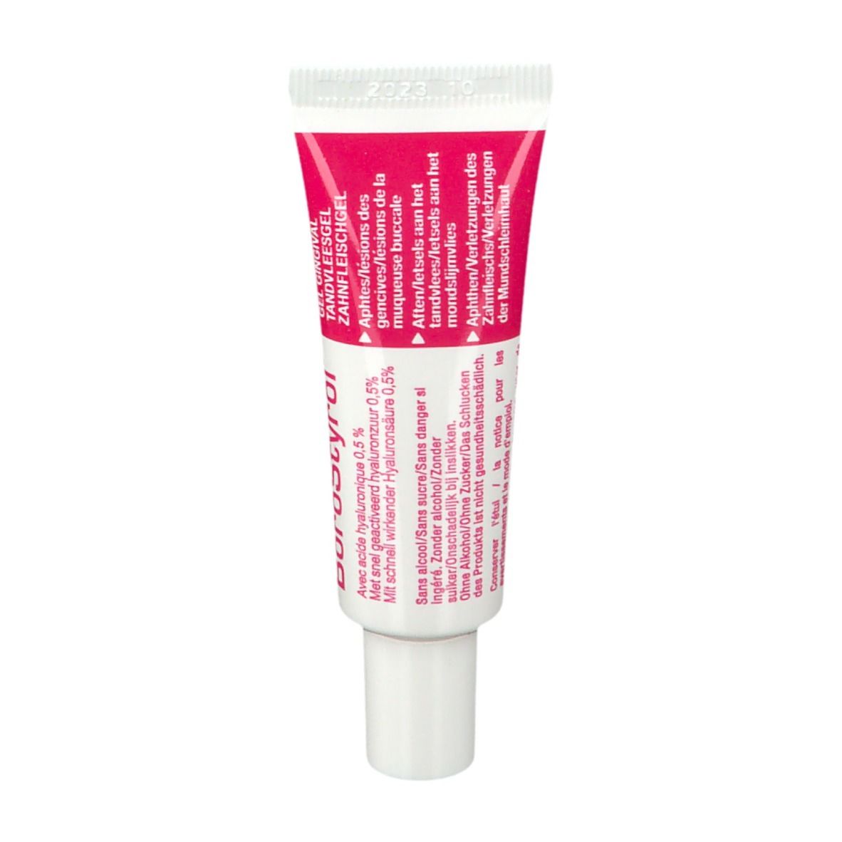 Zahnfleischgel-Tube, weißer Schraubverschluss, pinkfarbener Tubenkörper mit Text. BoroStyrol® Mundgel.