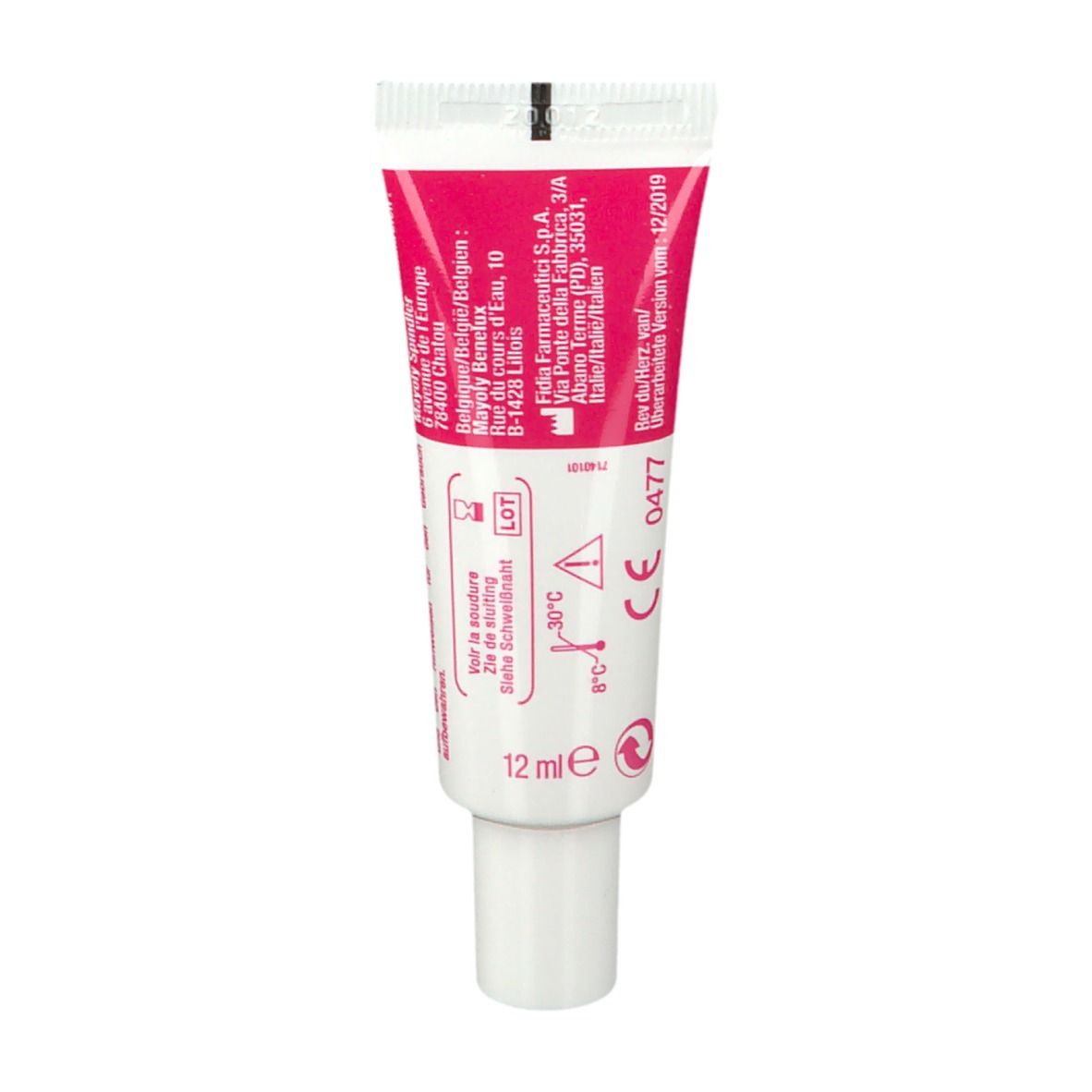 Rückseite der Tube. Pinkfarbener Tubenkörper, weißer Schraubverschluss. Text und Symbole. 12 ml.