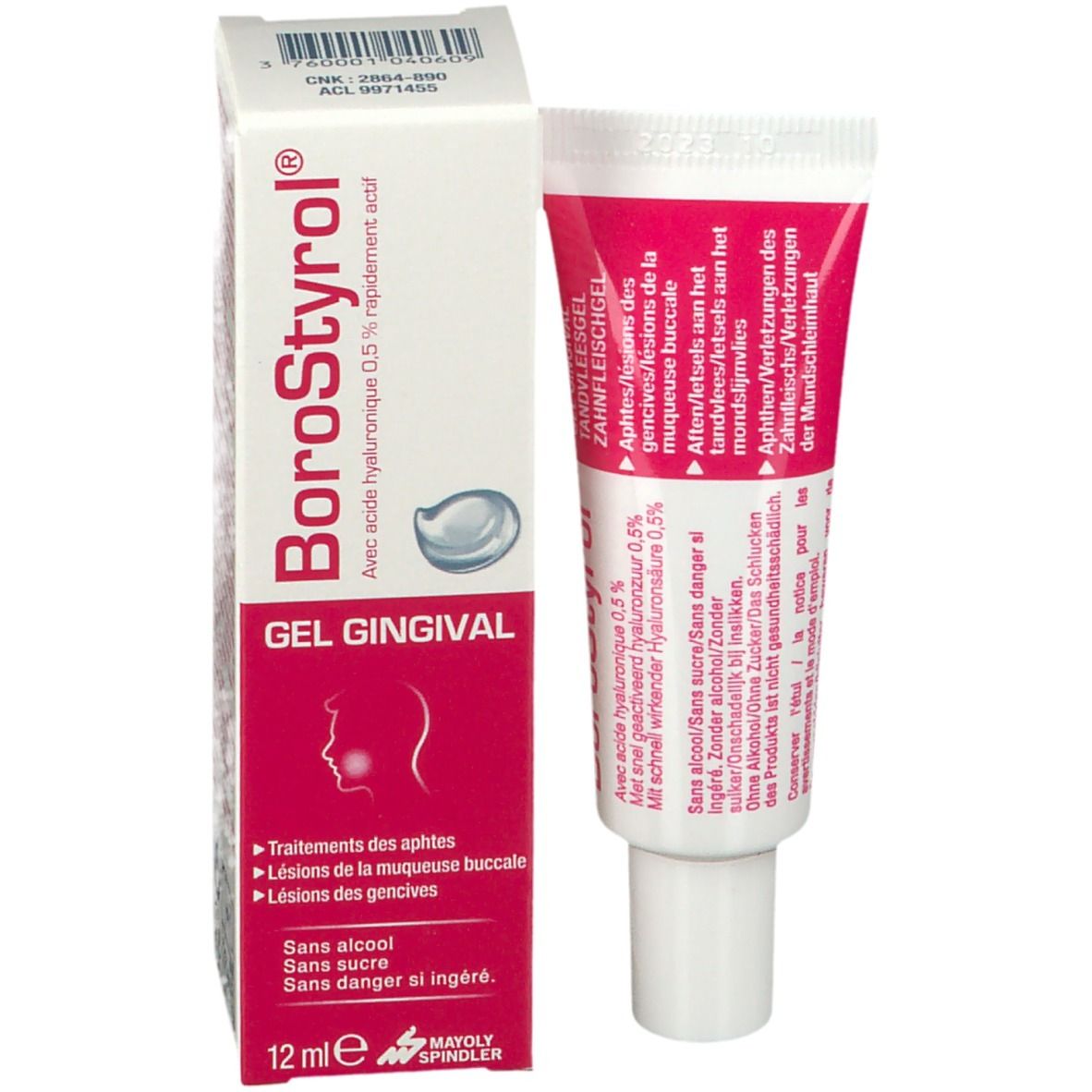 Schachtel mit Tube. BoroStyrol® Gel Gingival. Pink-weißes Design. 12 ml. Produkt und Verpackung.
