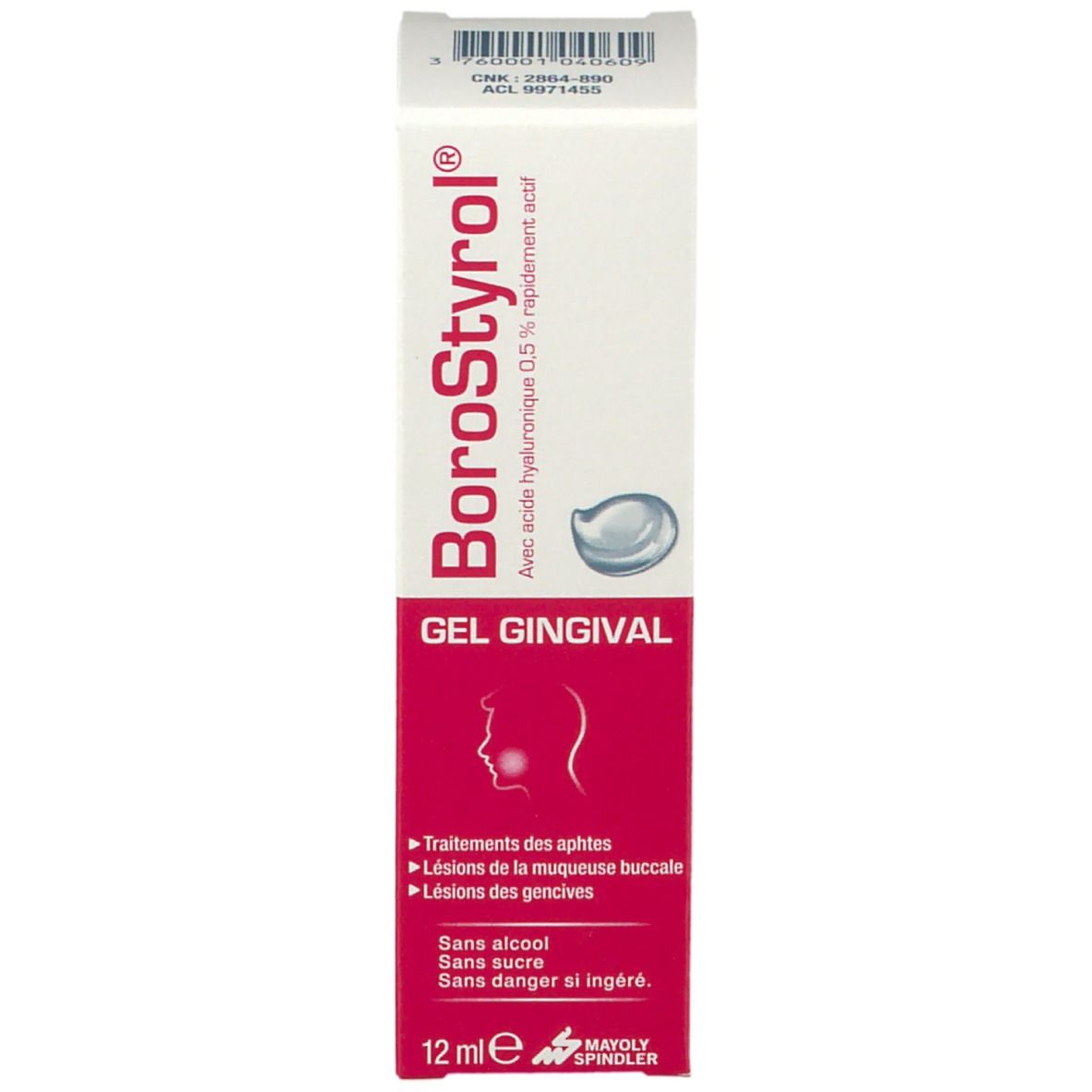 Schachtel. BoroStyrol® Gel Gingival. Pink-weißes Design. 12 ml. Produkt und Verpackung.