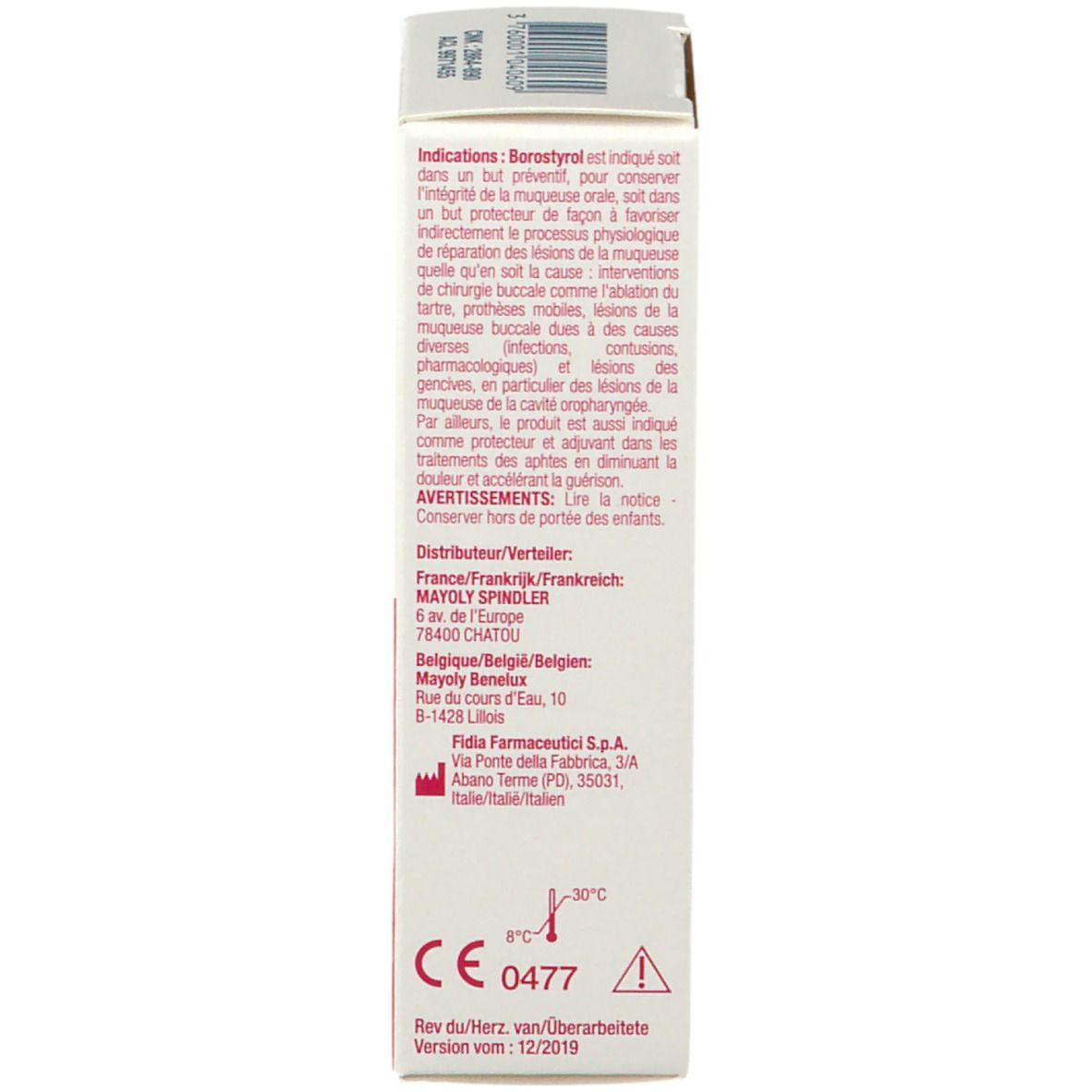 Rückseite der Schachtel. Text in mehreren Sprachen. CE-Zeichen. 12 ml. Herstellerinformationen.