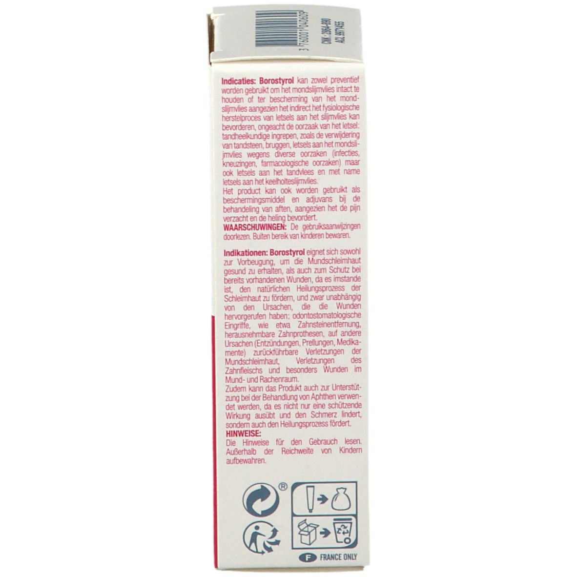 Rückseite der Schachtel. Text in mehreren Sprachen. Symbole. Herstellerinformationen.