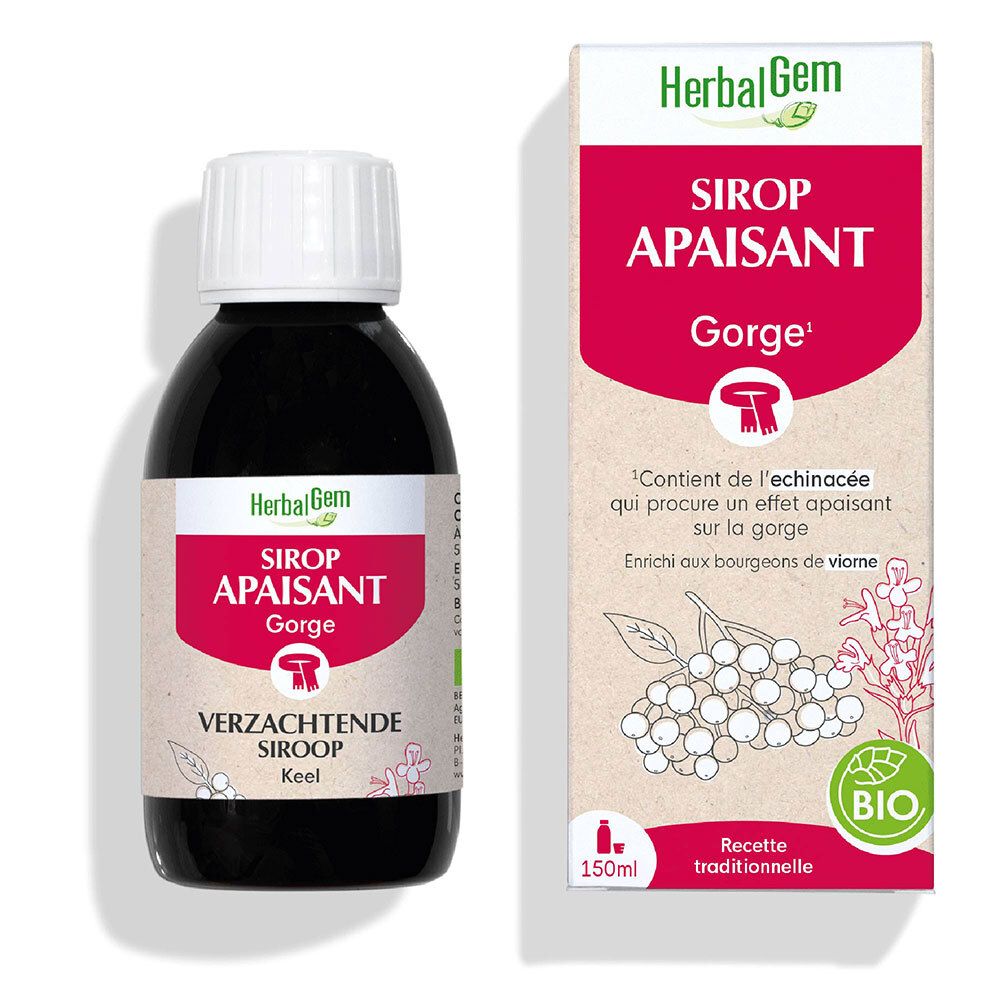 Bouteille et carton marron. Inscription: HerbalGem, Sirop Apaisant Gorge. Certification bio.