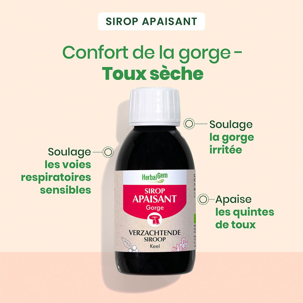 Bouteille marron, bouchon blanc. Inscription: HerbalGem, Sirop Apaisant Gorge. Soulage la toux et la gorge irritée.