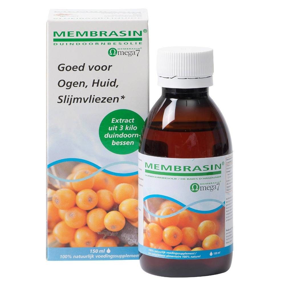 Flacone di vetro marrone e scatola con informazioni sul prodotto. Scritto: Membrasin Omega 7. Contiene olio di olivello spinoso. Con Omega 7.