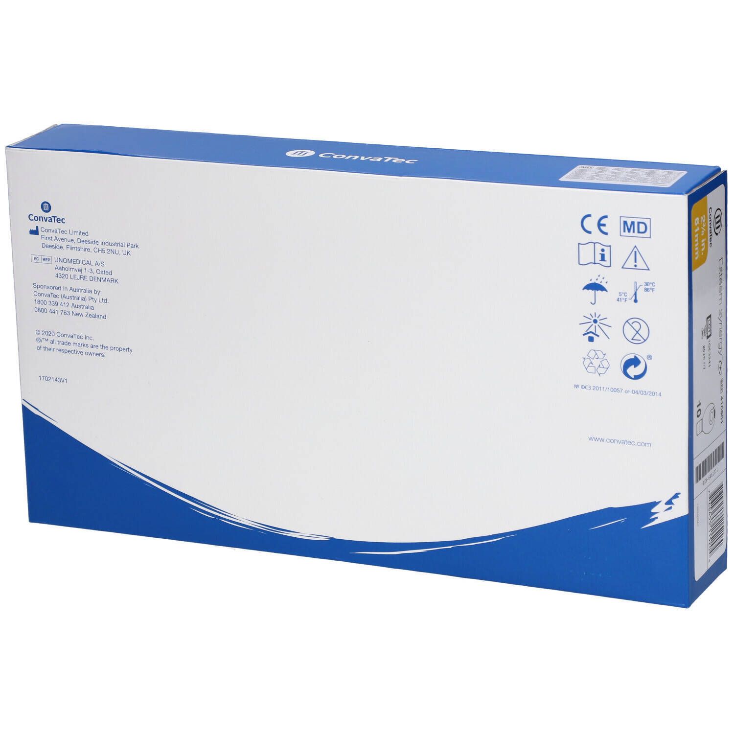 Blau-weiße Verpackung mit ConvaTec-Logo, CE-Kennzeichnung und Piktogrammen. Text auf Englisch.