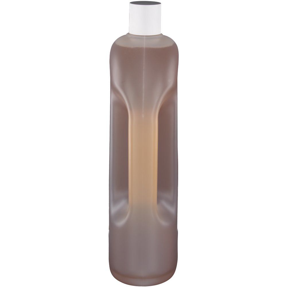 Flacon haut avec liquide brun. Bouchon blanc. Creux pour la prise en main. Matériau transparent.