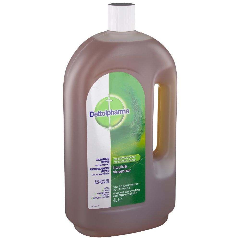 Flacon de liquide brun. Inscription Dettolpharma. Autocollant vert et blanc avec informations produit. Bouchon blanc. Poignée.