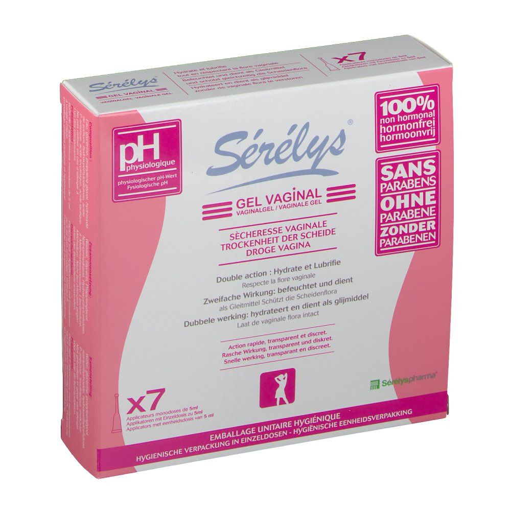 Confezione di Serelys Gel Vaginal. Scatola rosa e bianca con nome del prodotto, logo pH e x7. Testo multilingue.
