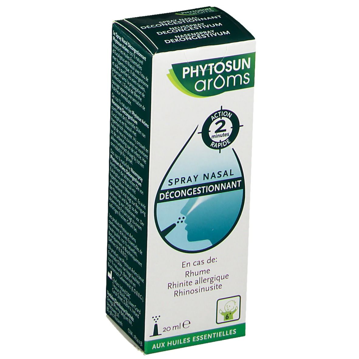 Doosje neusspray. Opschrift: Phytosun arôms, Spray nasal décongestionnant. 20 ml.