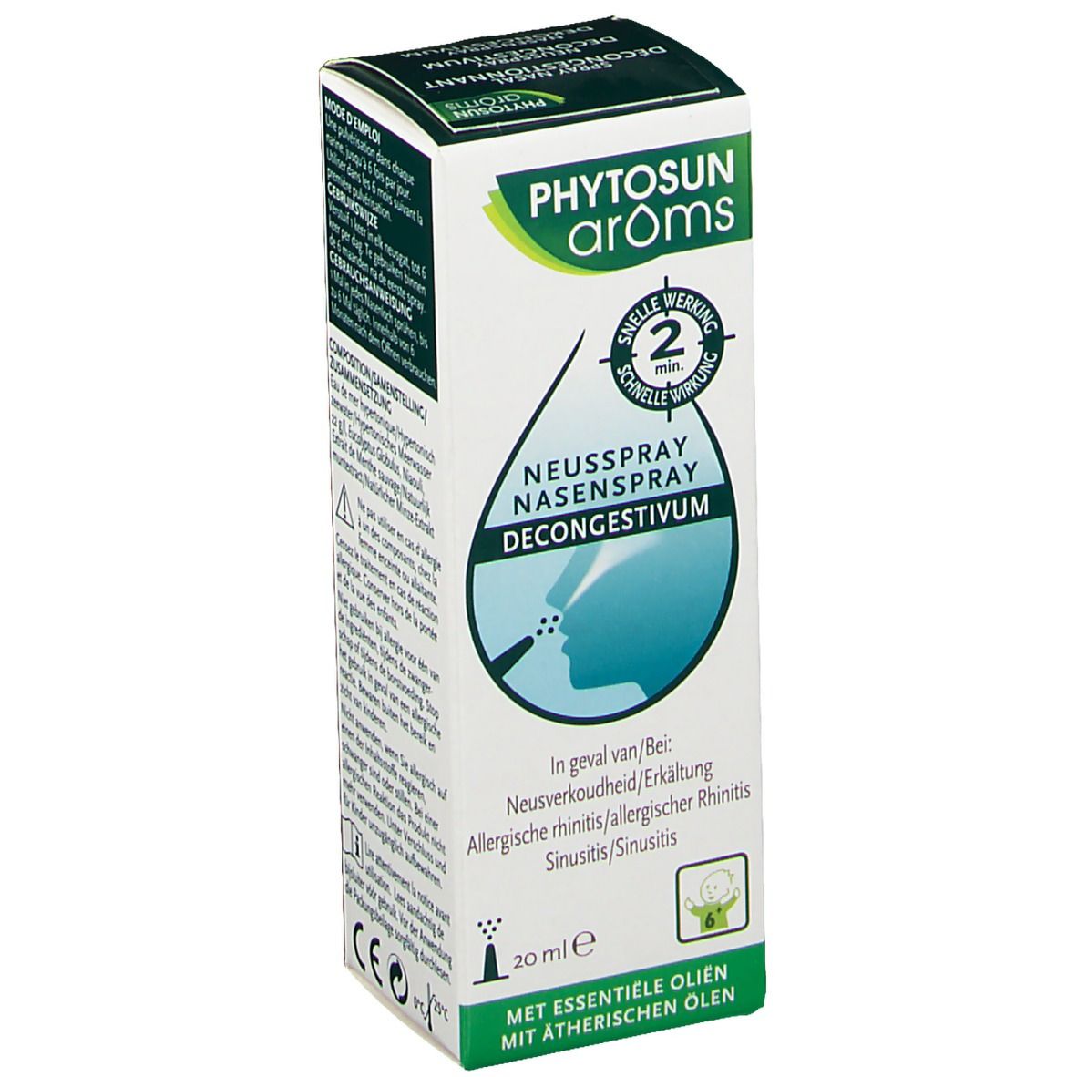 Doosje neusspray. Opschrift: Phytosun arôms, Neusspray, Nasenspray, 20 ml.