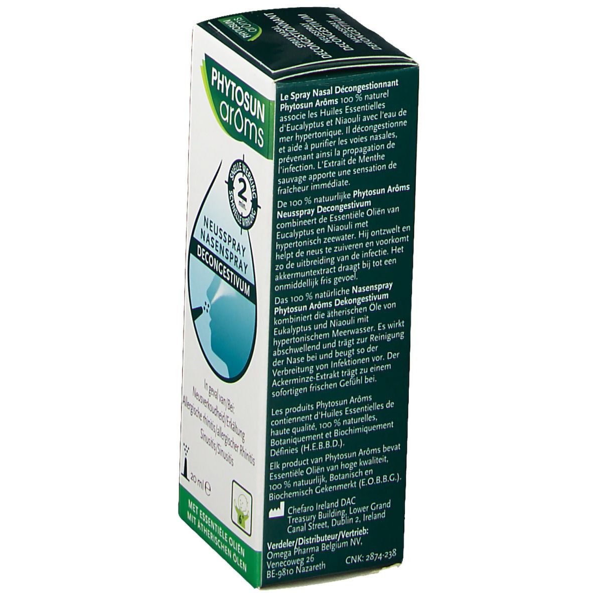 Doosje neusspray. Opschrift: Phytosun arôms, Neusspray, Nasenspray, 20 ml. Tekst in het Frans en Duits.