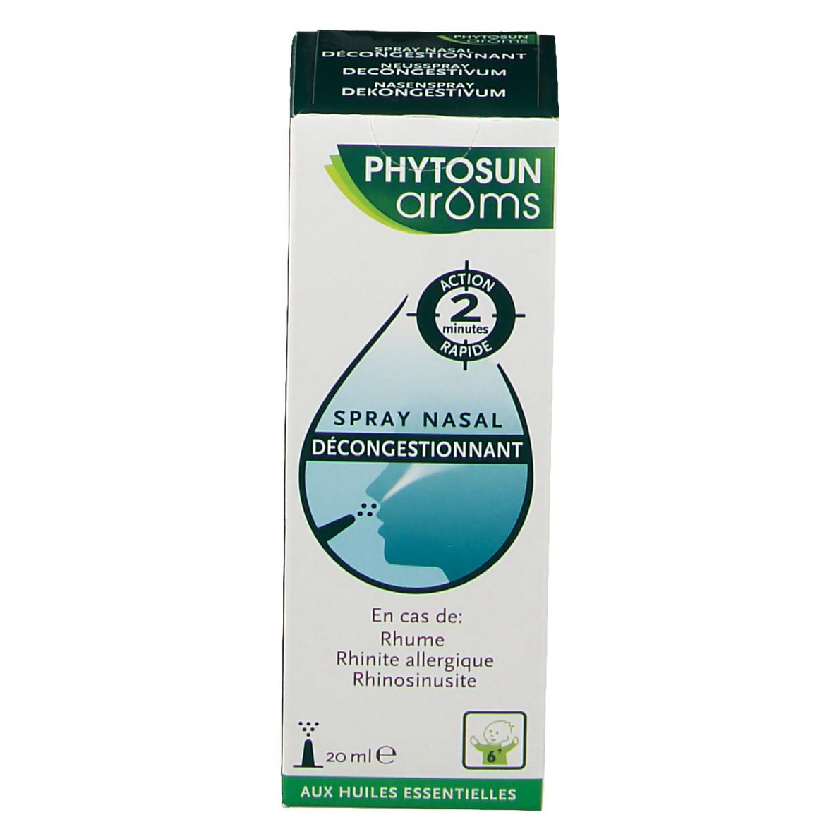 Doosje neusspray. Opschrift: Phytosun arôms, Spray nasal décongestionnant. 20 ml.