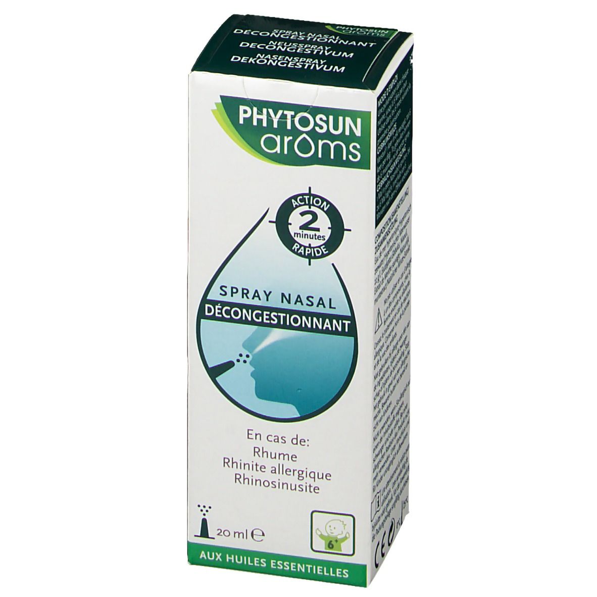 Doosje neusspray. Opschrift: Phytosun arôms, Spray nasal décongestionnant. 20 ml.