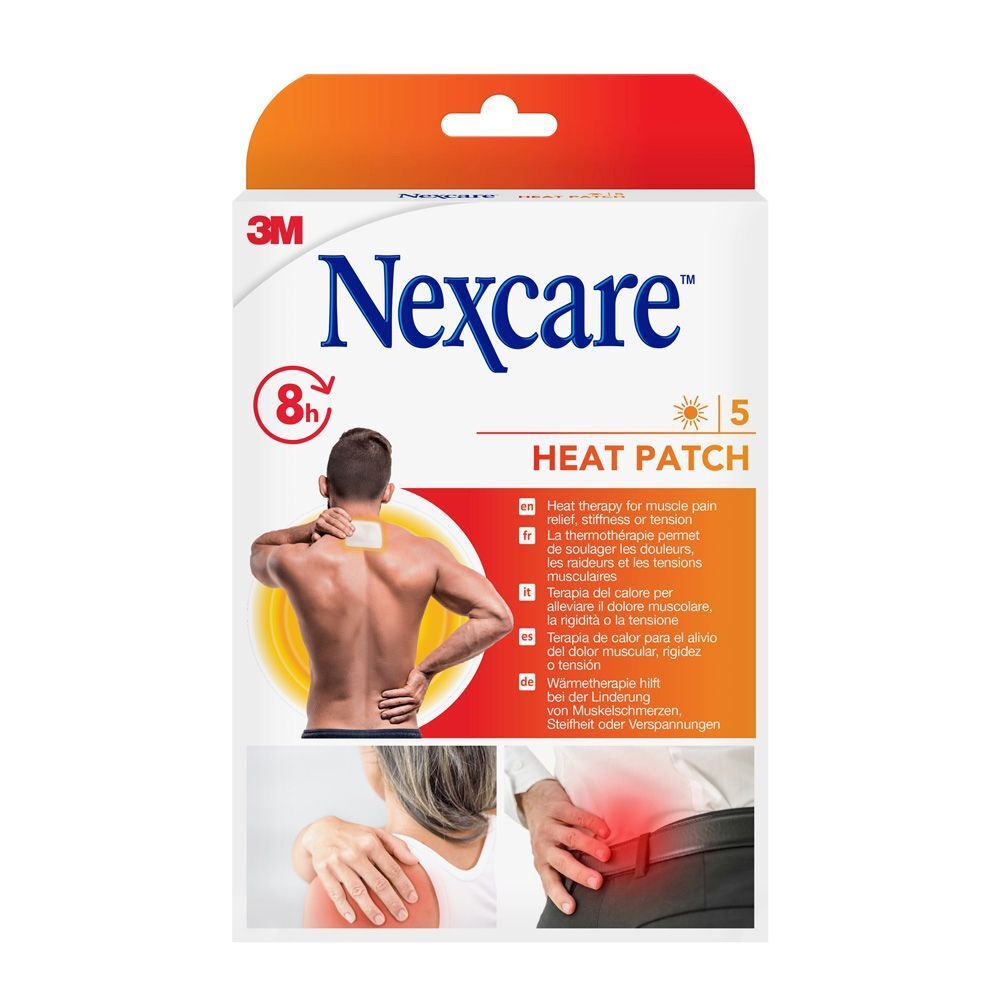 Emballage Nexcare Heat Patch. Contient 5 patchs. Illustration d'un homme avec un patch sur la nuque.
