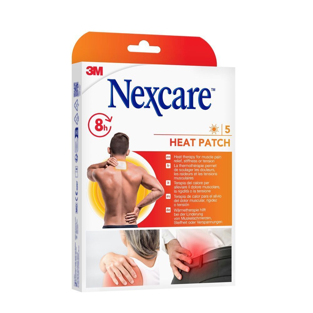 Emballage Nexcare Heat Patch. Contient 5 patchs. Illustration d'une femme avec douleur à l'épaule.