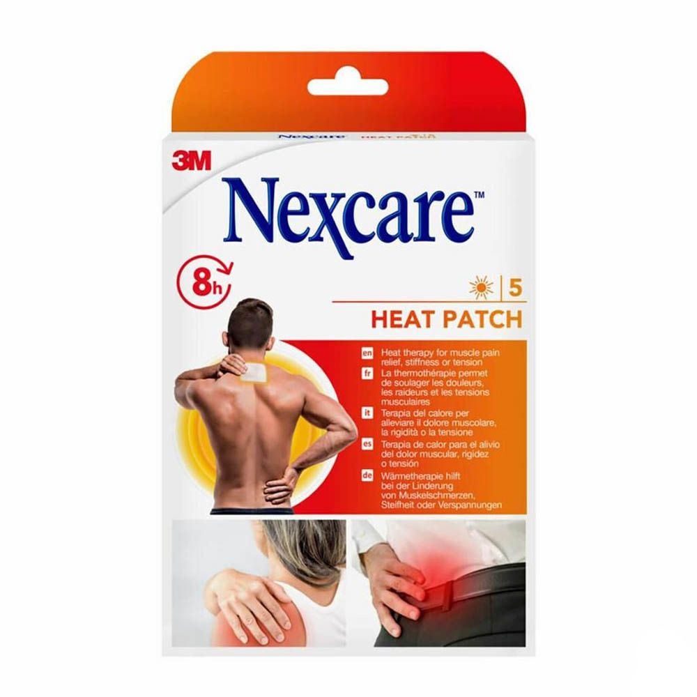Emballage Nexcare Heat Patch. Contient 5 patchs. Illustration d'une femme avec douleur à l'épaule.